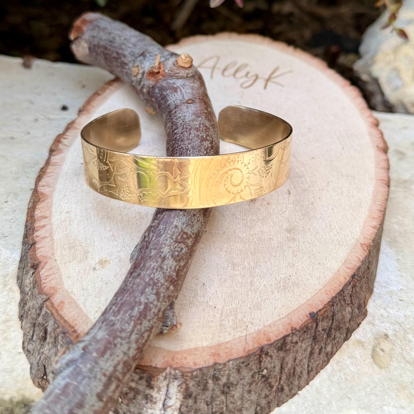 Flower Pattern Brass Cuff • Hand‑Forged • Rustic Golden Bracelet