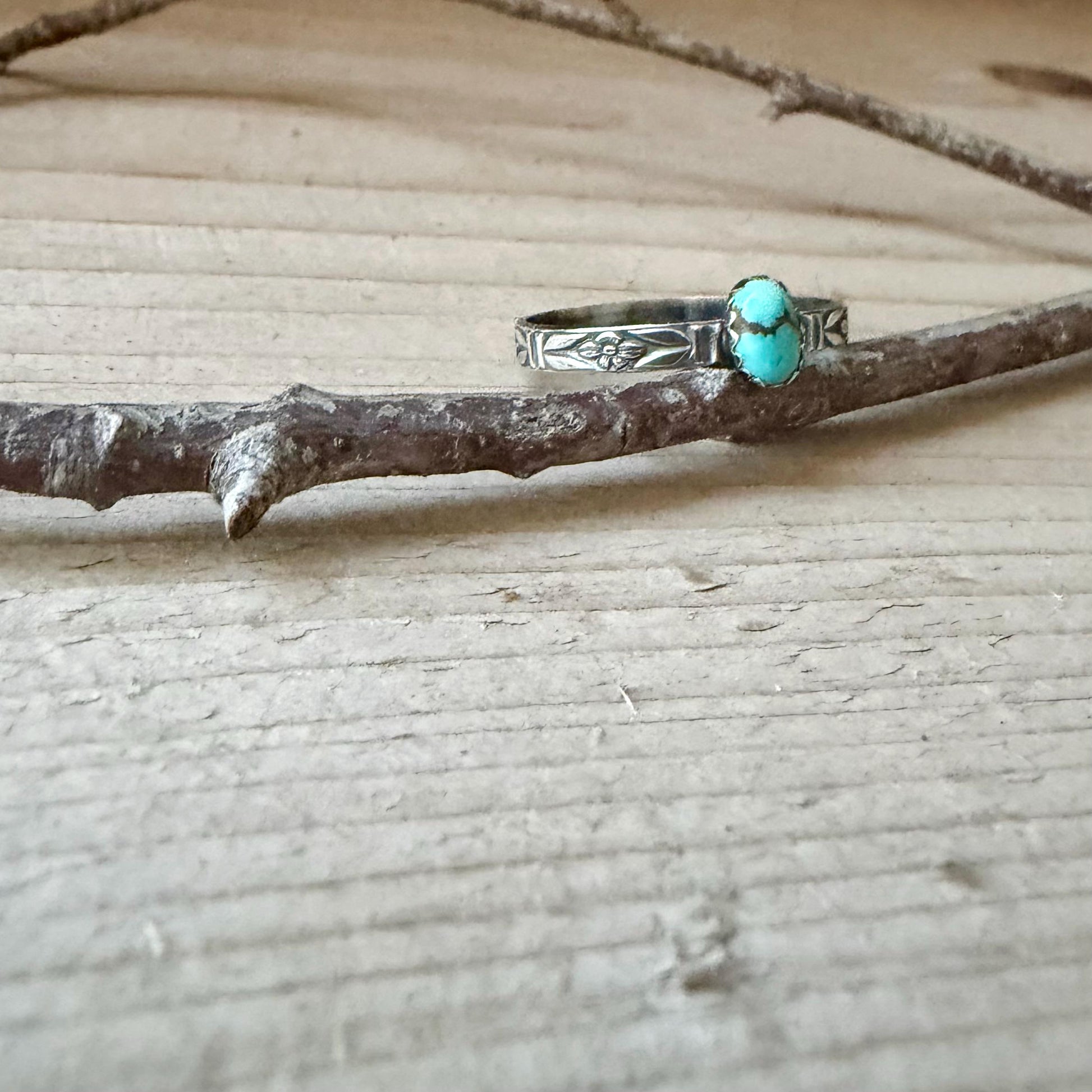 Turquoise Sterling Silver Dainty Band Ring • Number 8 Turquoise • Butterfly Floral Pattern