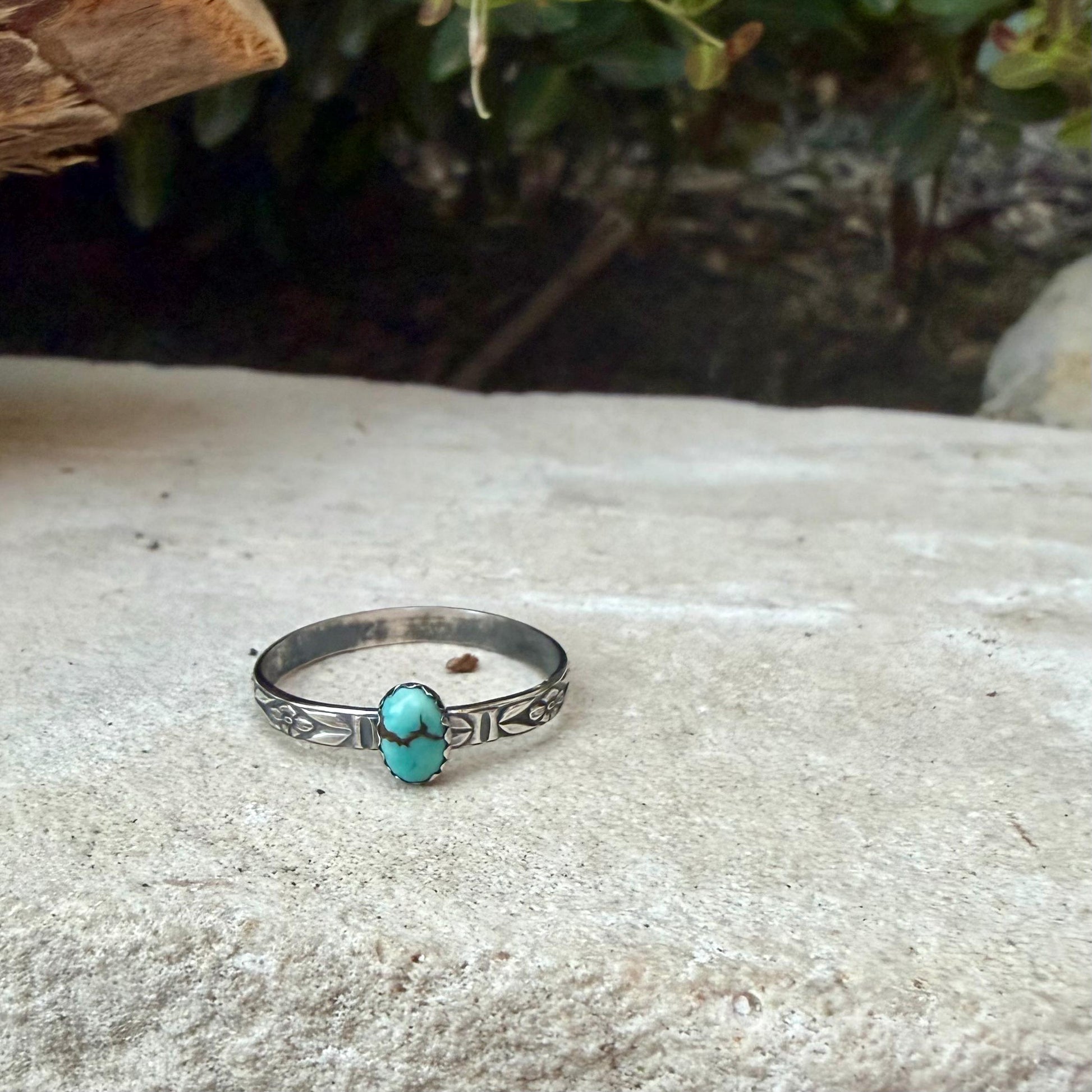 Turquoise Sterling Silver Dainty Band Ring • Number 8 Turquoise • Butterfly Floral Pattern