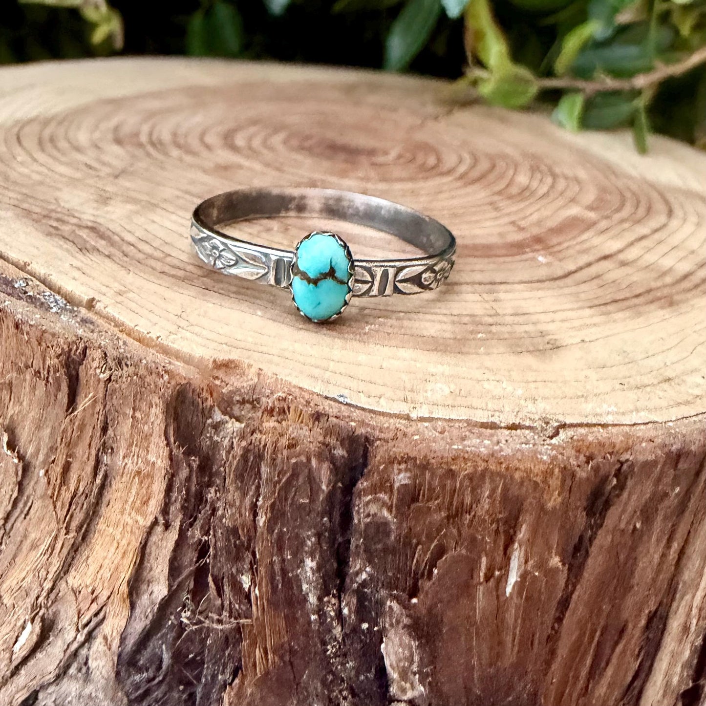 Turquoise Sterling Silver Dainty Band Ring • Number 8 Turquoise • Butterfly Floral Pattern