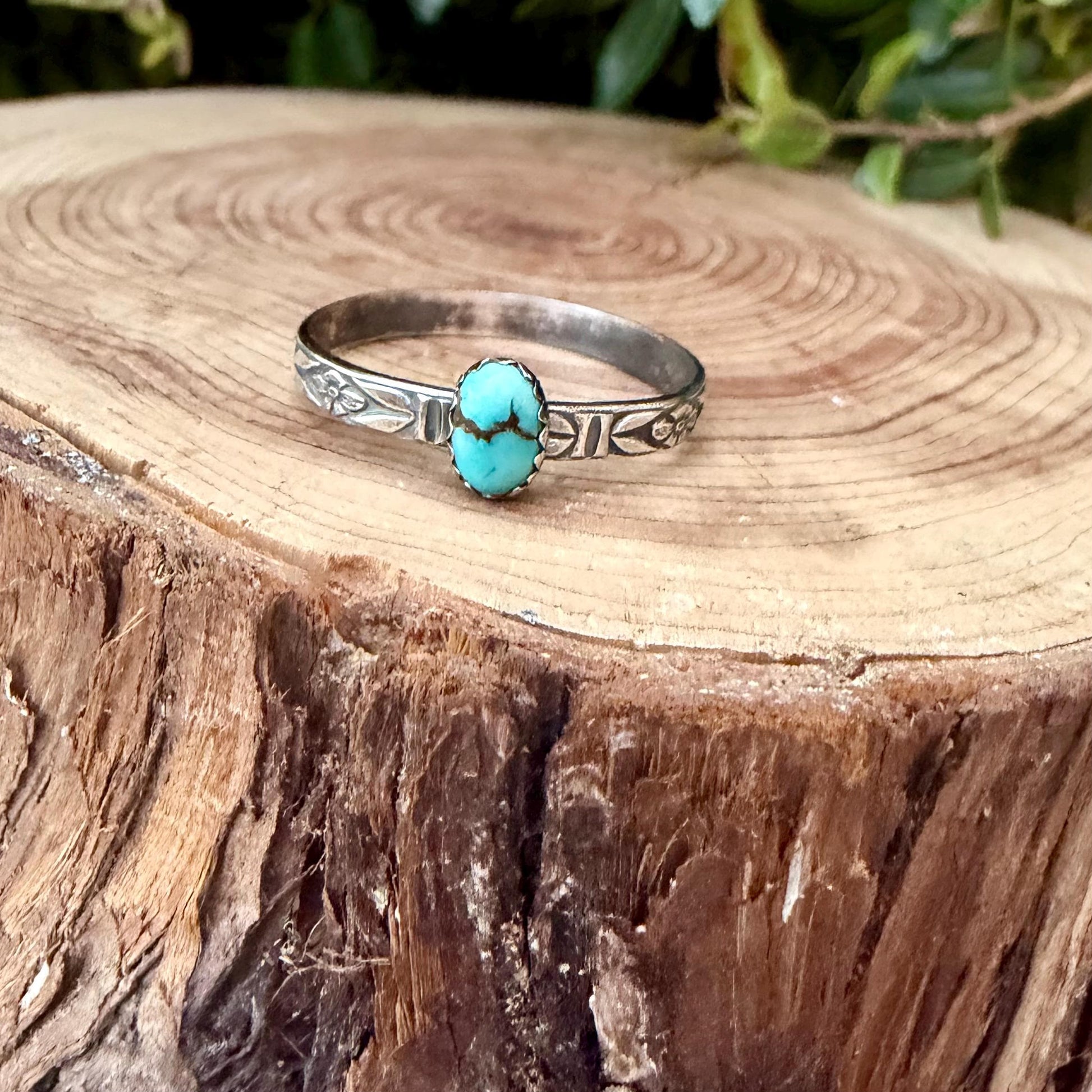 Turquoise Sterling Silver Dainty Band Ring • Number 8 Turquoise • Butterfly Floral Pattern