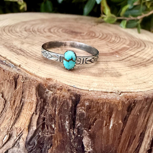 Turquoise Sterling Silver Dainty Band Ring • Number 8 Turquoise • Butterfly Floral Pattern