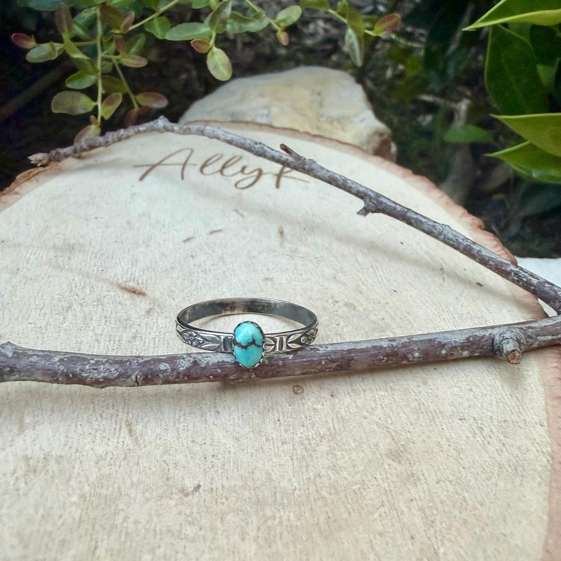 Turquoise Sterling Silver Dainty Band Ring • Number 8 Turquoise • Butterfly Floral Pattern