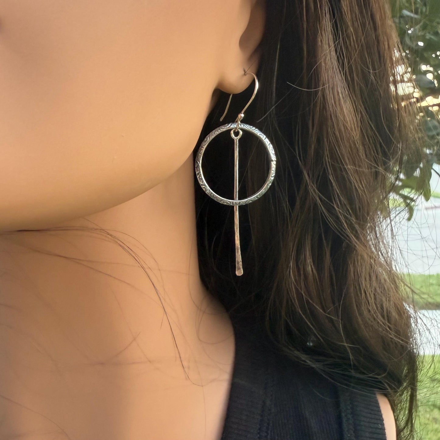 Rustic Sterling Silver Circle Dangle Earrings • Long Drop Style