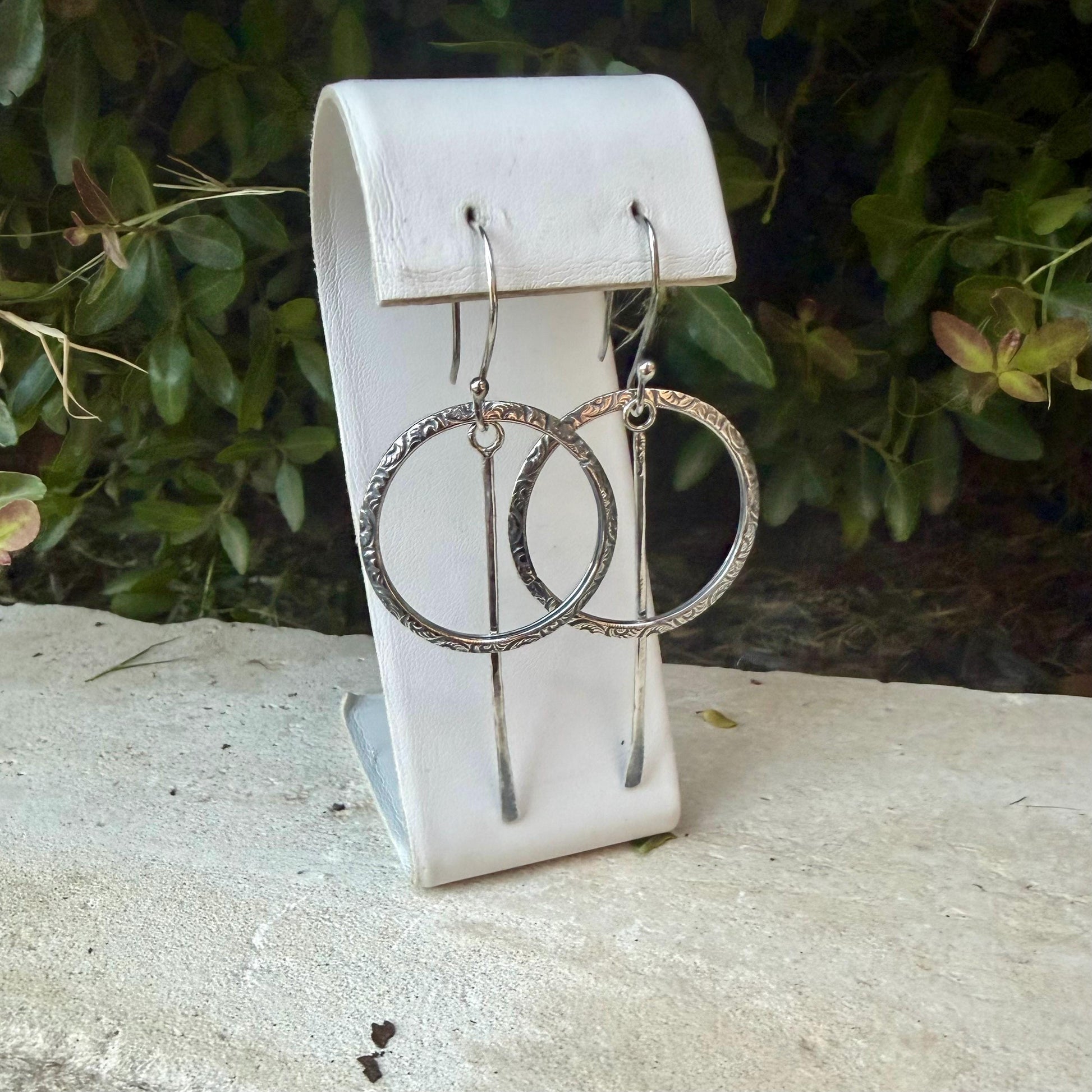 Rustic Sterling Silver Circle Dangle Earrings • Long Drop Style