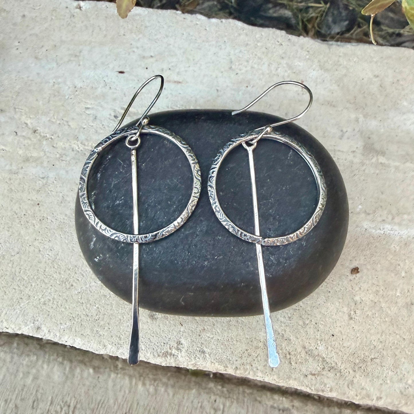Rustic Sterling Silver Circle Dangle Earrings • Long Drop Style
