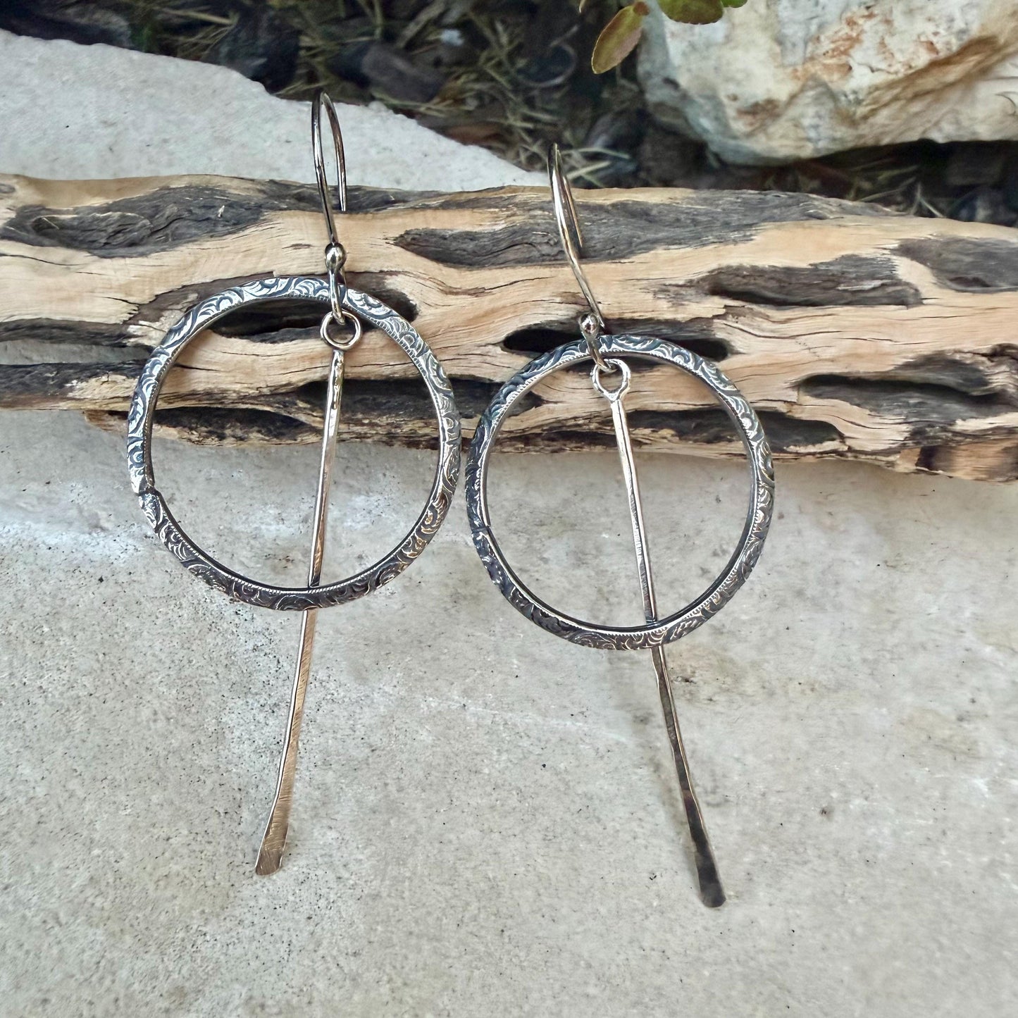 Rustic Sterling Silver Circle Dangle Earrings • Long Drop Style