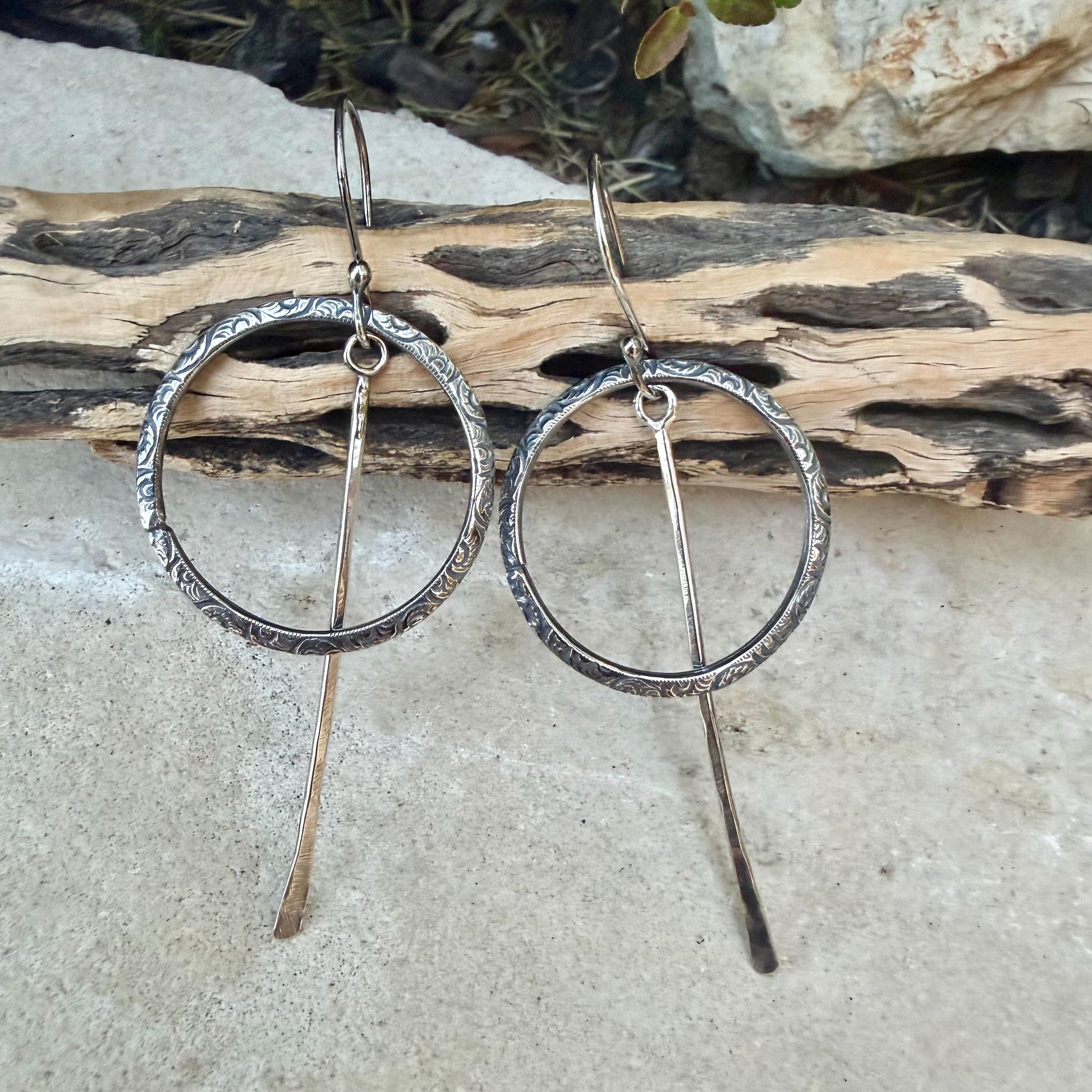 Rustic Sterling Silver Circle Dangle Earrings • Long Drop Style