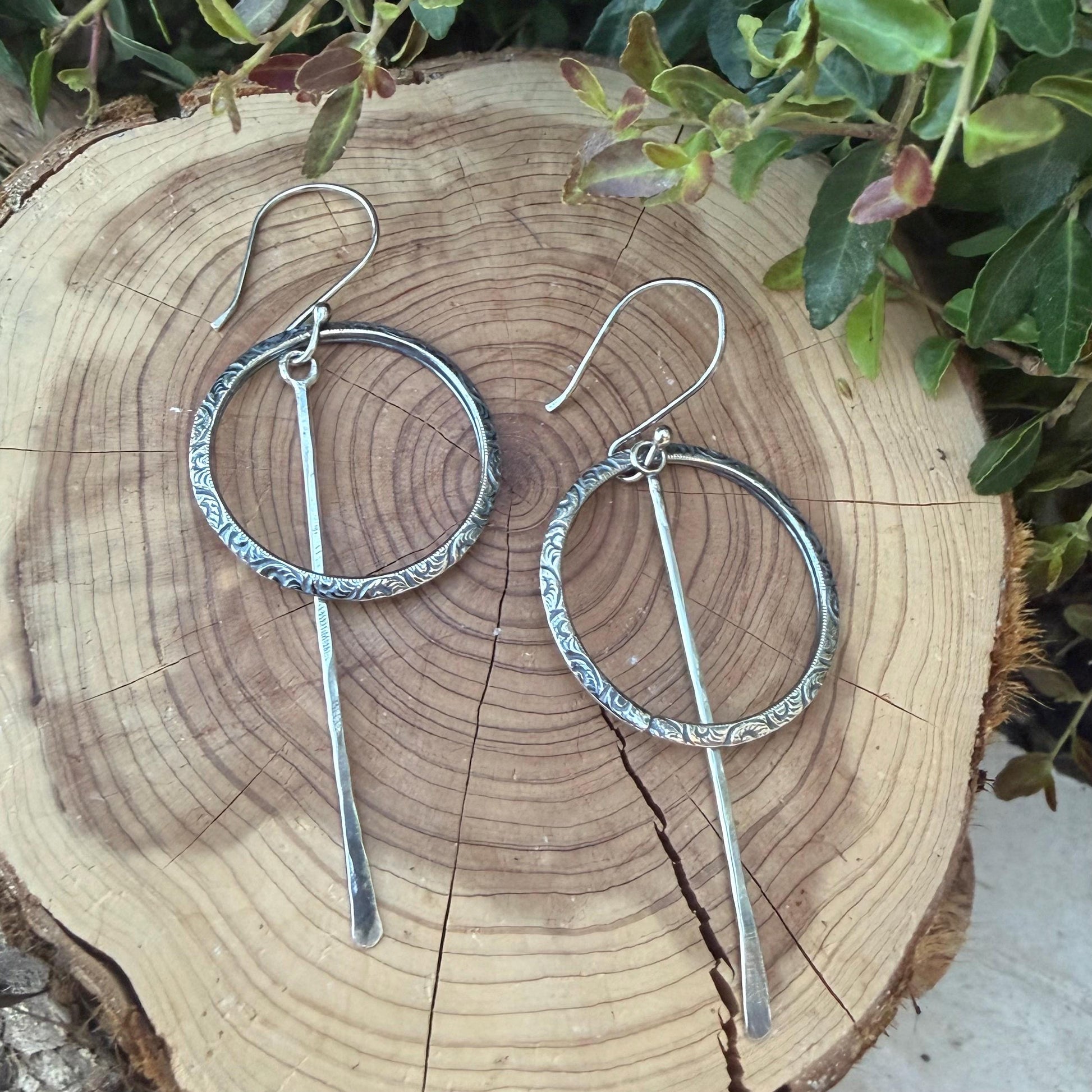 Rustic Sterling Silver Circle Dangle Earrings • Long Drop Style