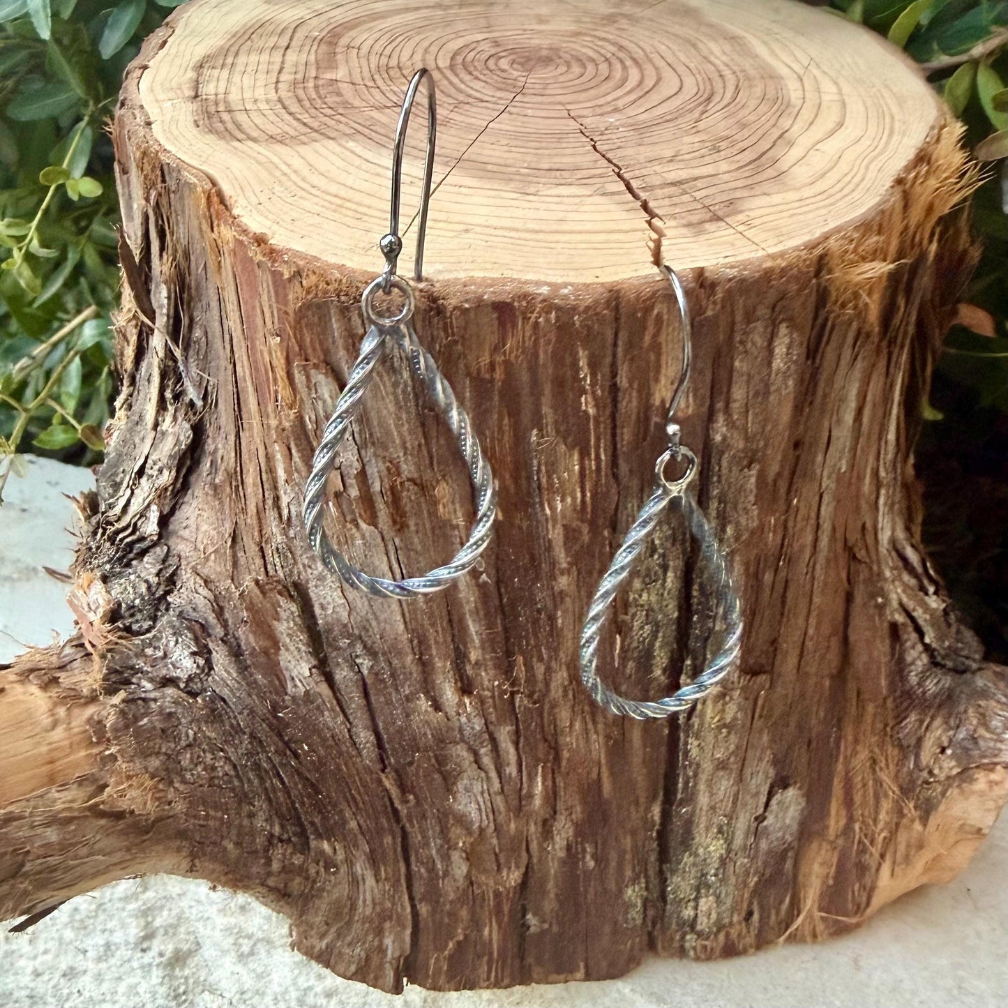 Sterling Silver Teardrop Drop Earrings – Rustic Twisted Wire Pattern