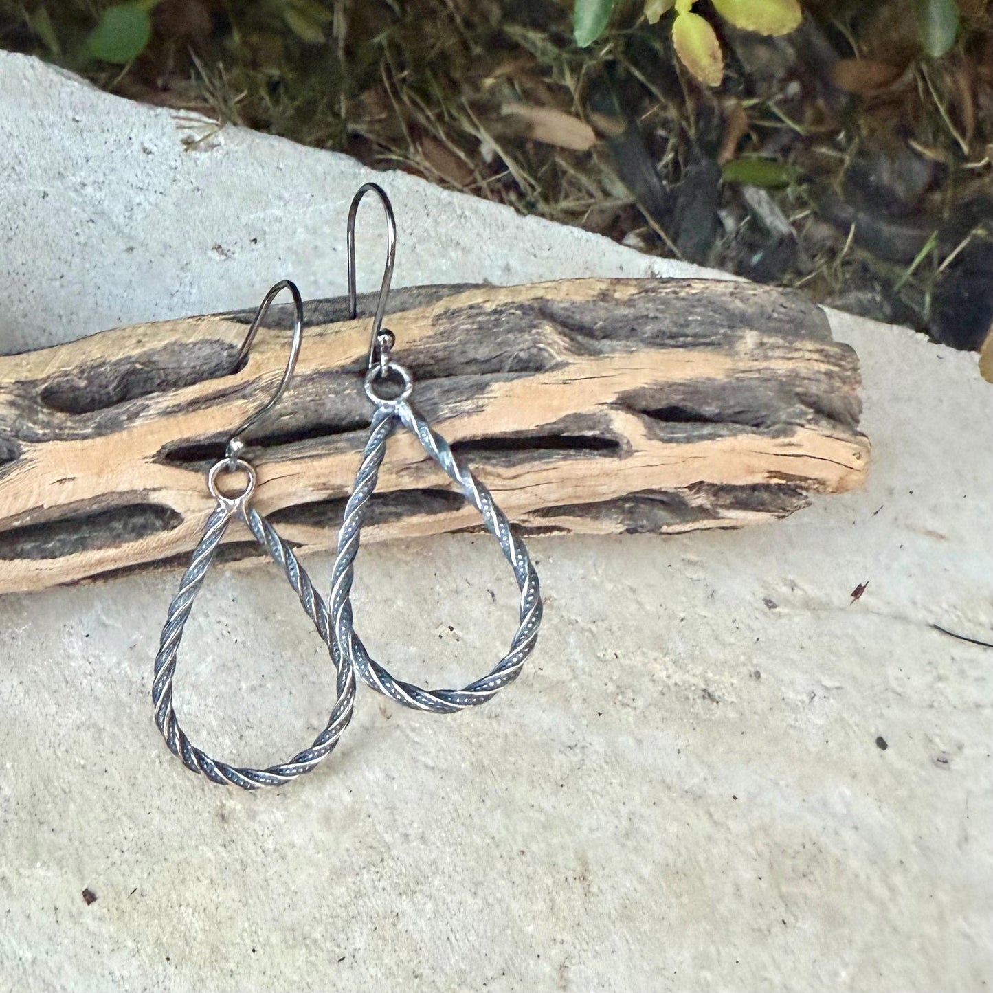 Sterling Silver Teardrop Drop Earrings – Rustic Twisted Wire Pattern
