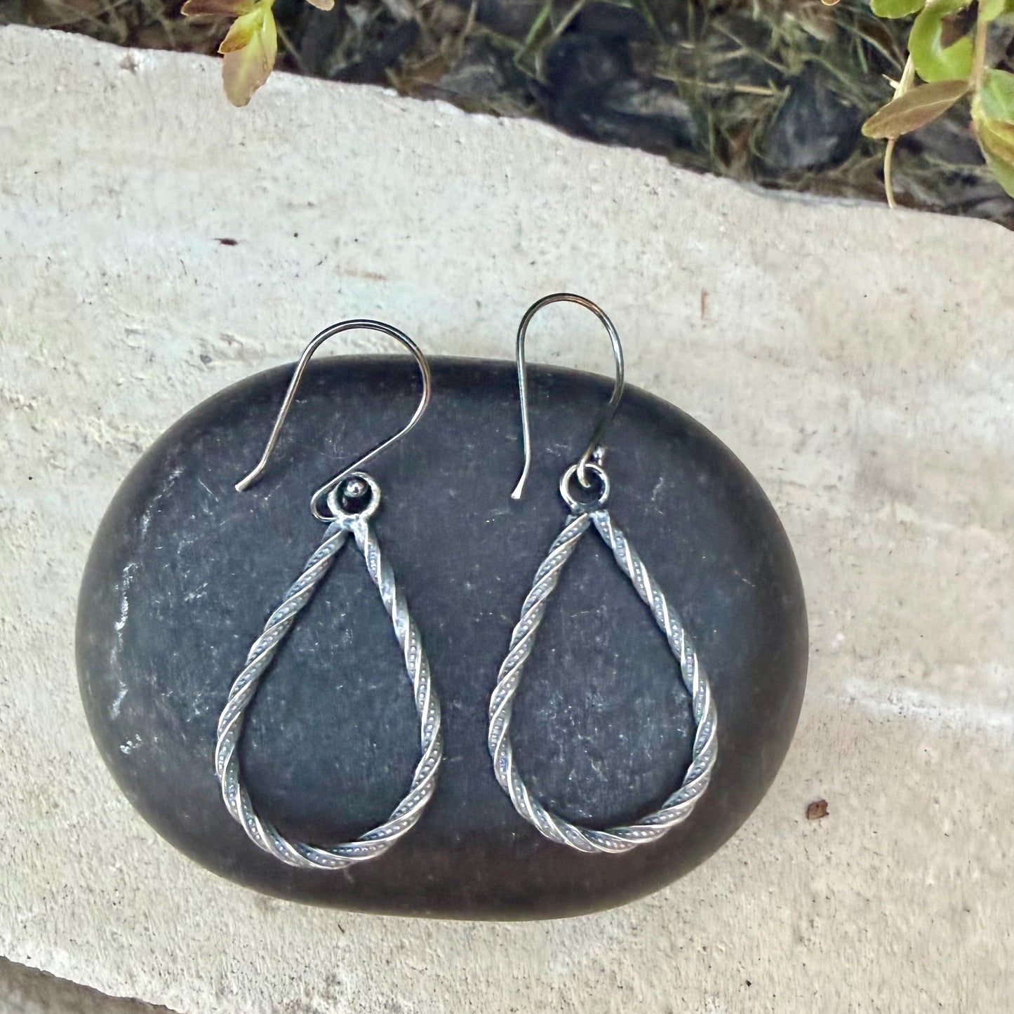 Sterling Silver Teardrop Drop Earrings – Rustic Twisted Wire Pattern