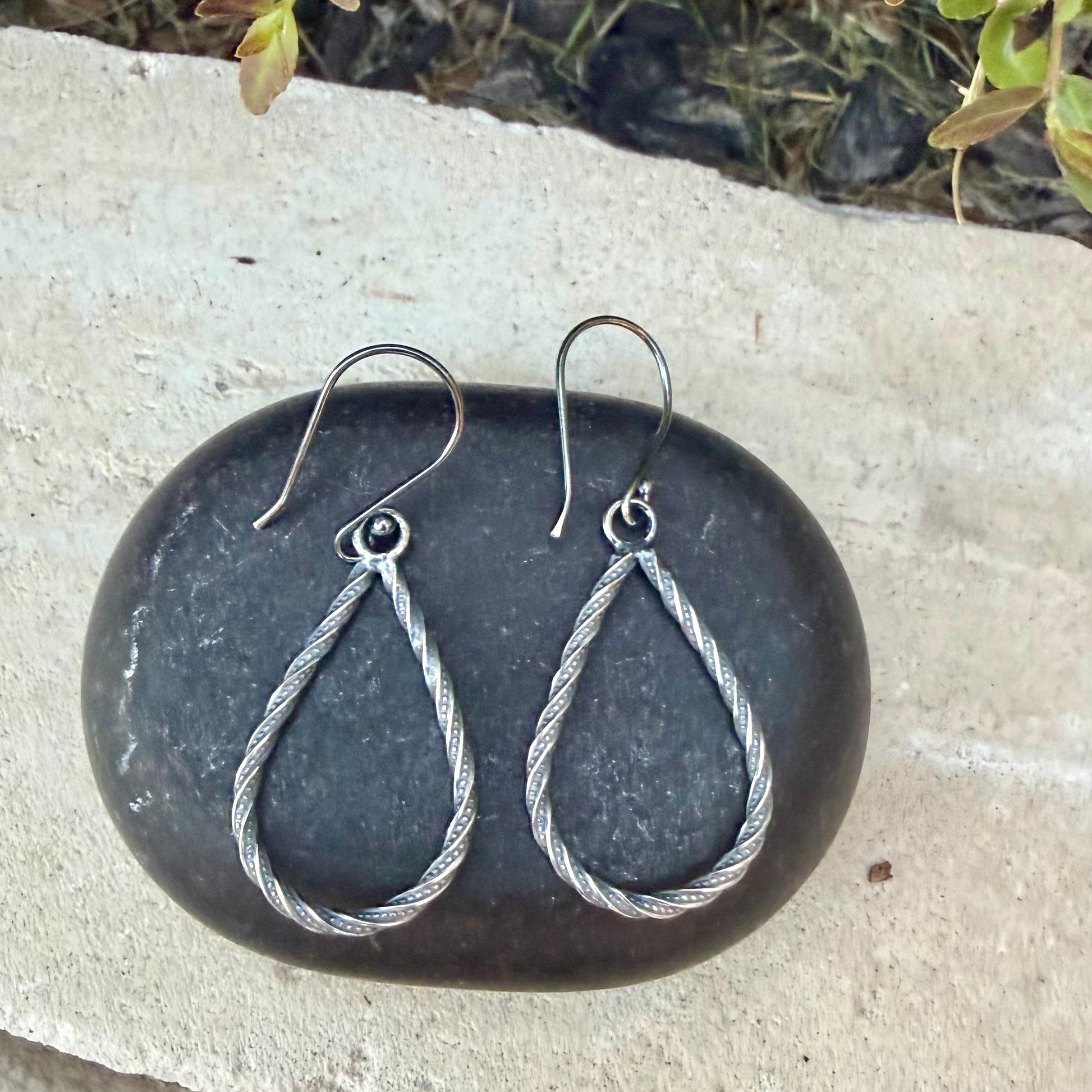 Sterling Silver Teardrop Drop Earrings – Rustic Twisted Wire Pattern