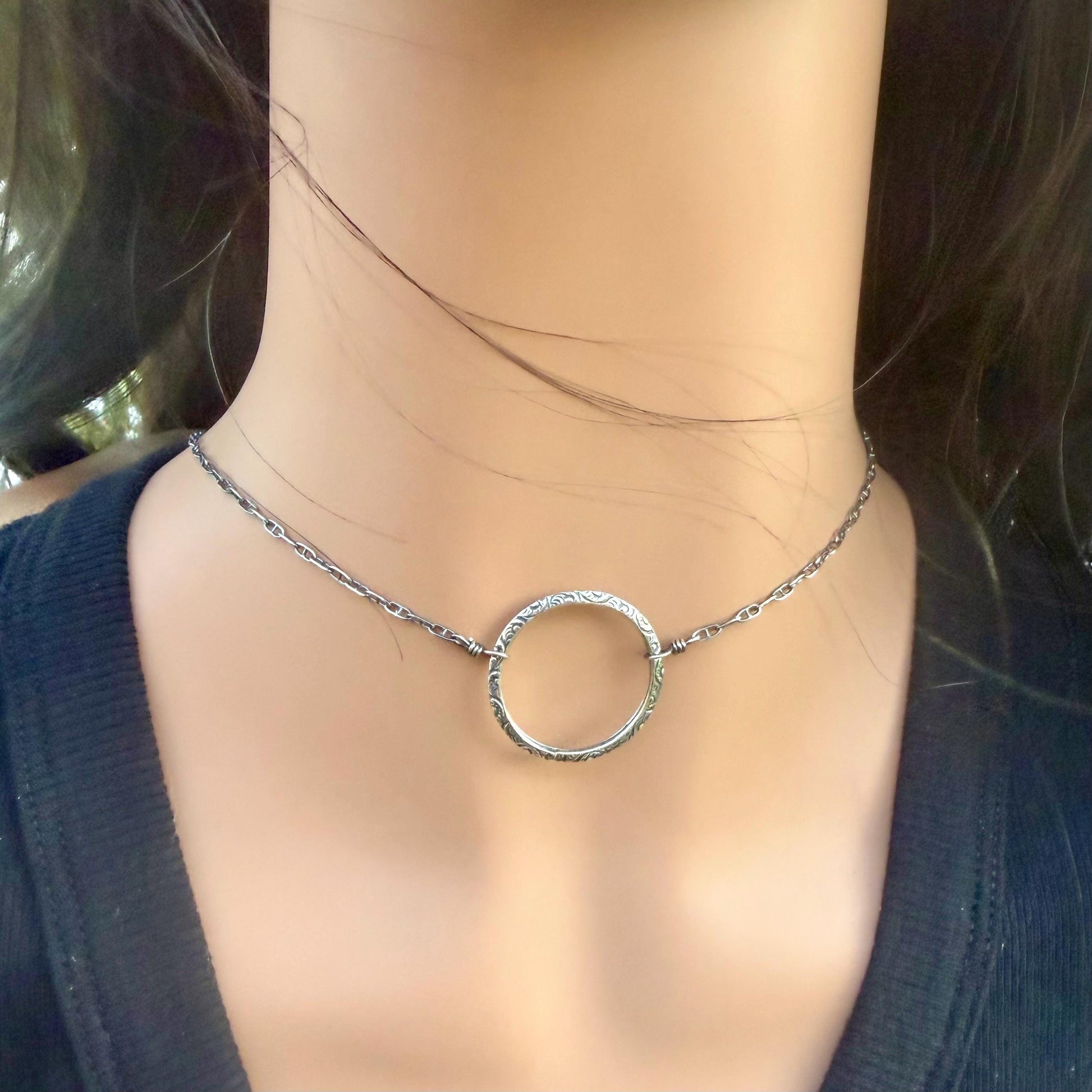 Sterling Silver Circle Necklace • Oxidized Silver Pendant • Everyday Minimalist