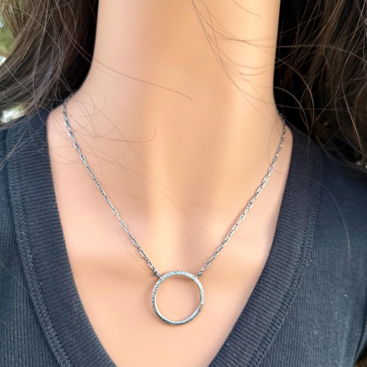 Sterling Silver Circle Necklace • Oxidized Silver Pendant • Everyday Minimalist