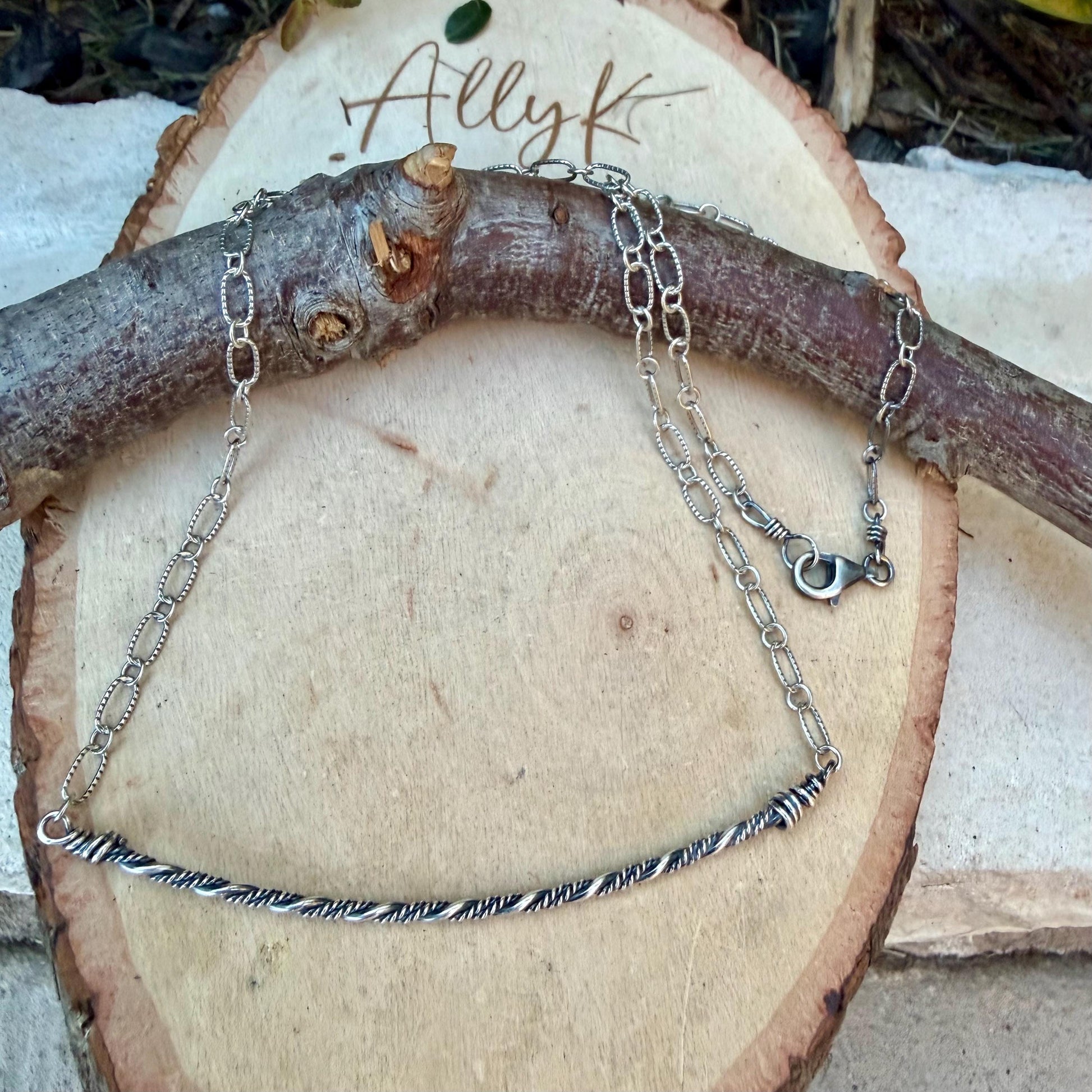 Sterling Silver Bar Necklace • Hand‑Forged Twisted Bar • Rustic Chain