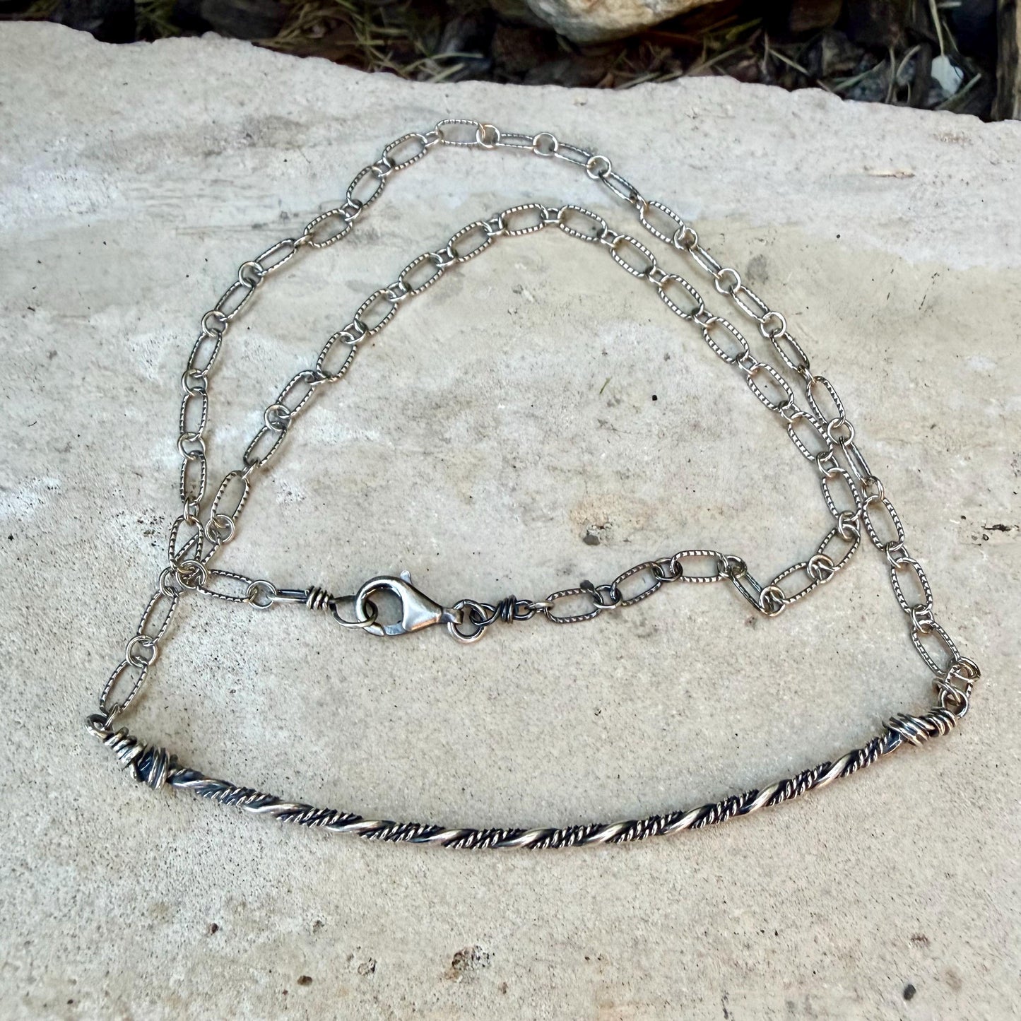 Sterling Silver Bar Necklace • Hand‑Forged Twisted Bar • Rustic Chain