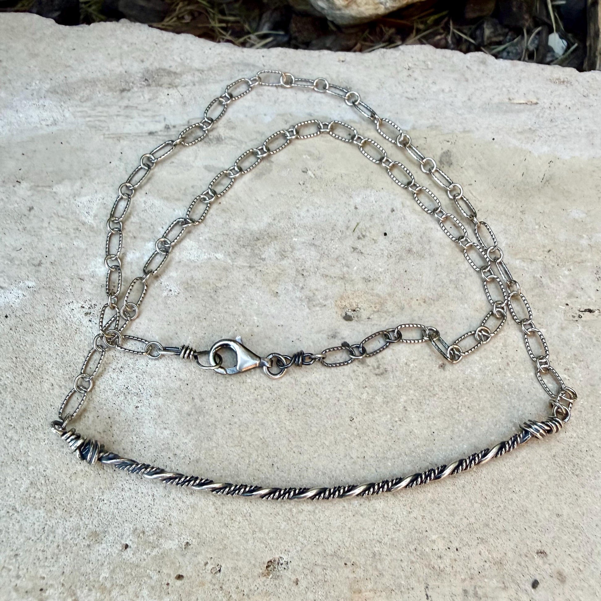 Sterling Silver Bar Necklace • Hand‑Forged Twisted Bar • Rustic Chain