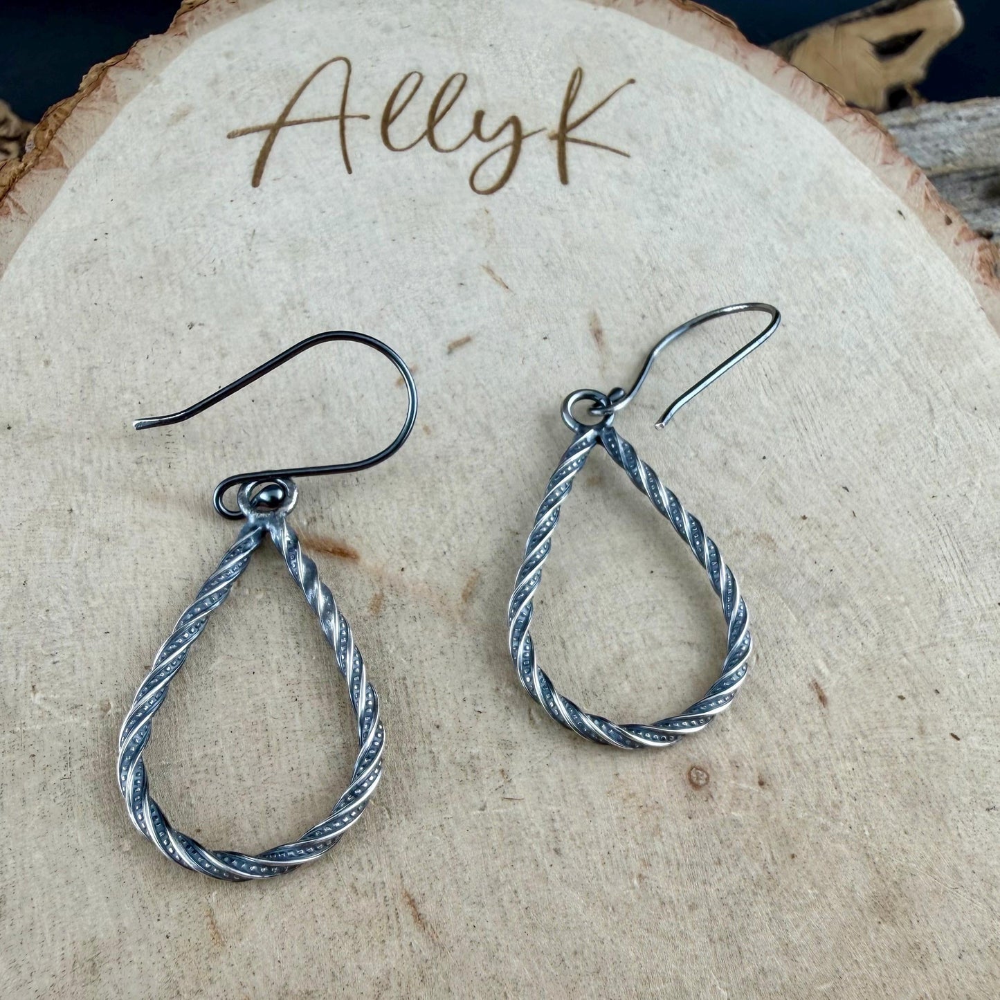 Sterling Silver Teardrop Drop Earrings – Rustic Twisted Wire Pattern