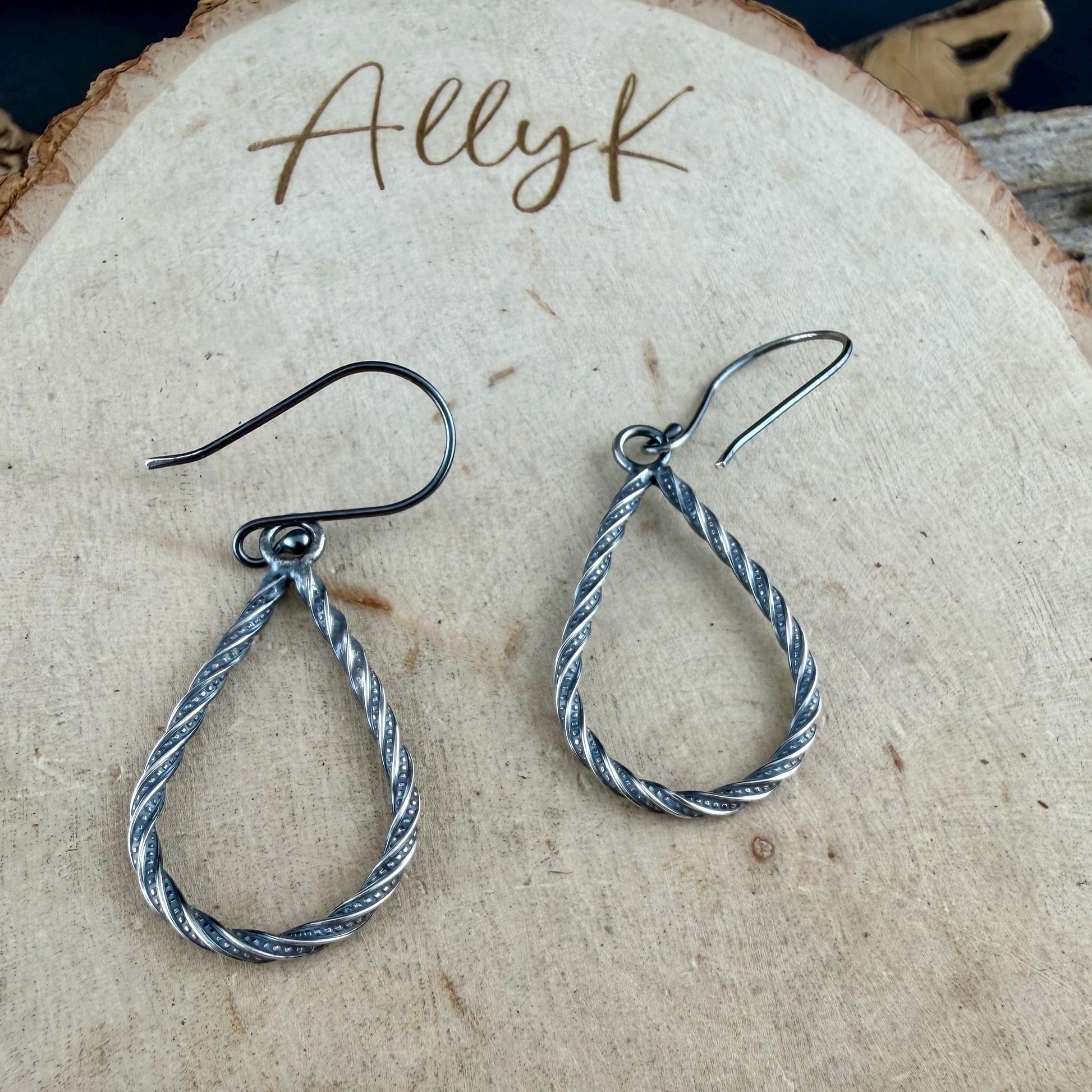 Sterling Silver Teardrop Drop Earrings – Rustic Twisted Wire Pattern