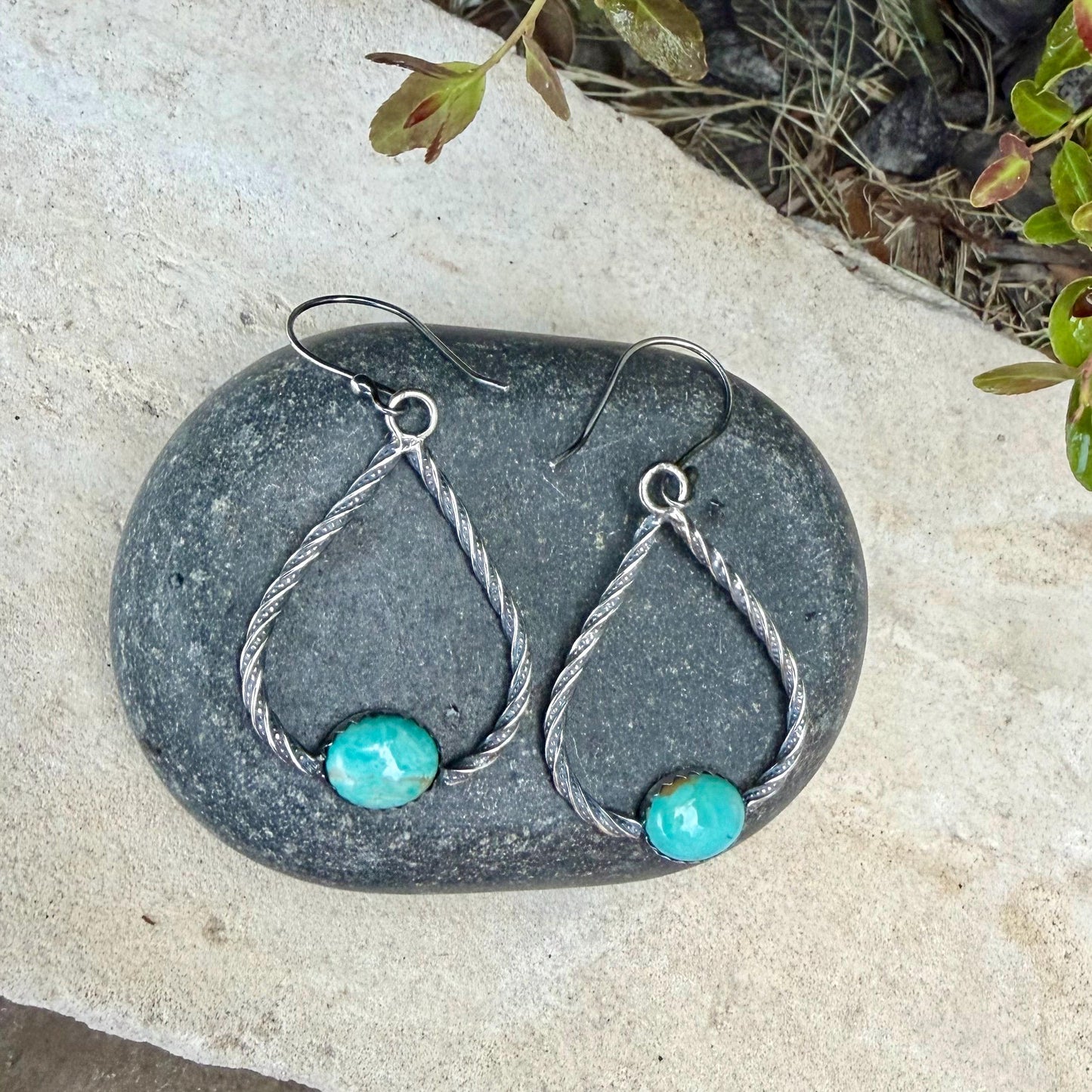 Turquoise Sterling Silver Teardrop Dangle Earrings • Rustic Southwestern Twist Wire