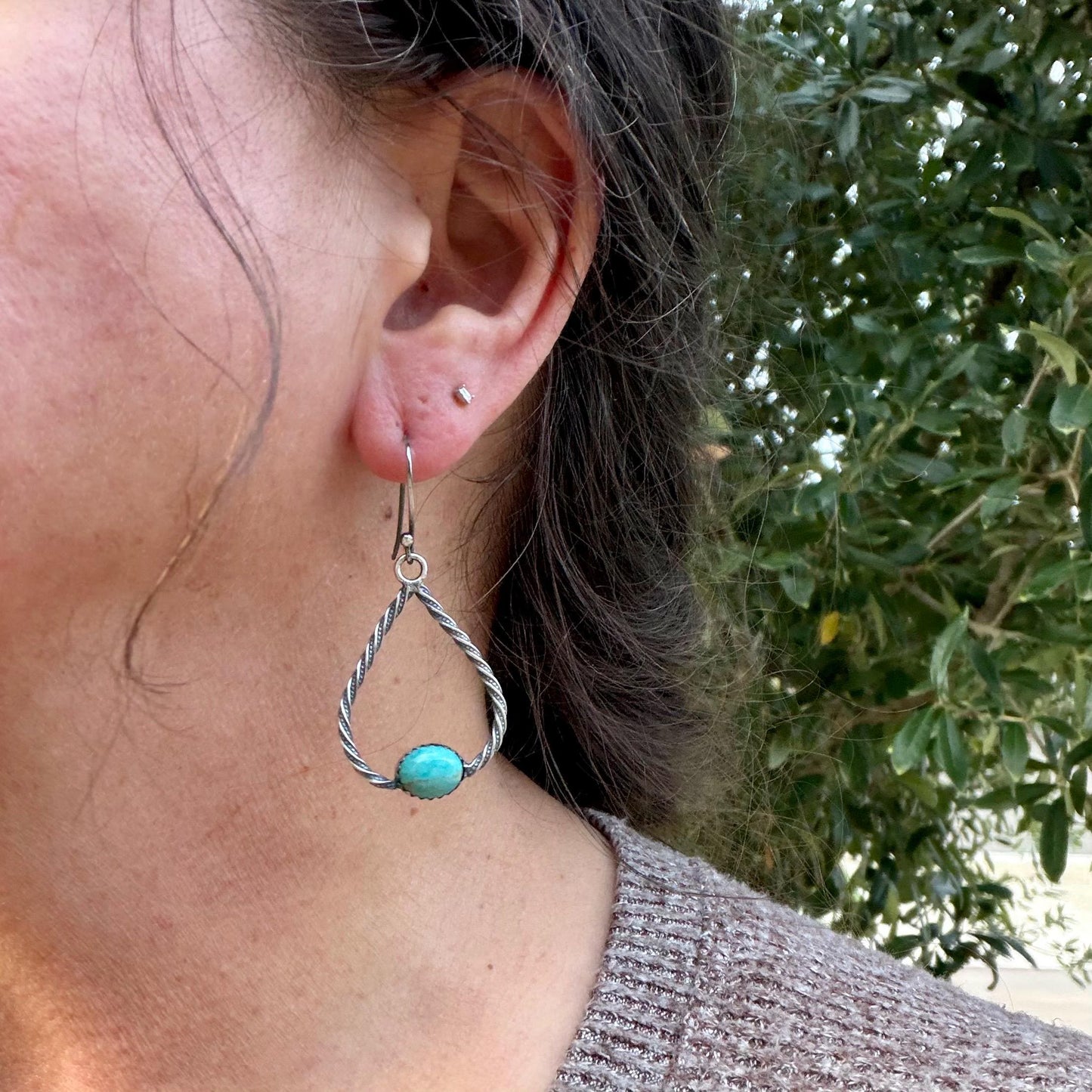 Turquoise Sterling Silver Teardrop Dangle Earrings • Rustic Southwestern Twist Wire