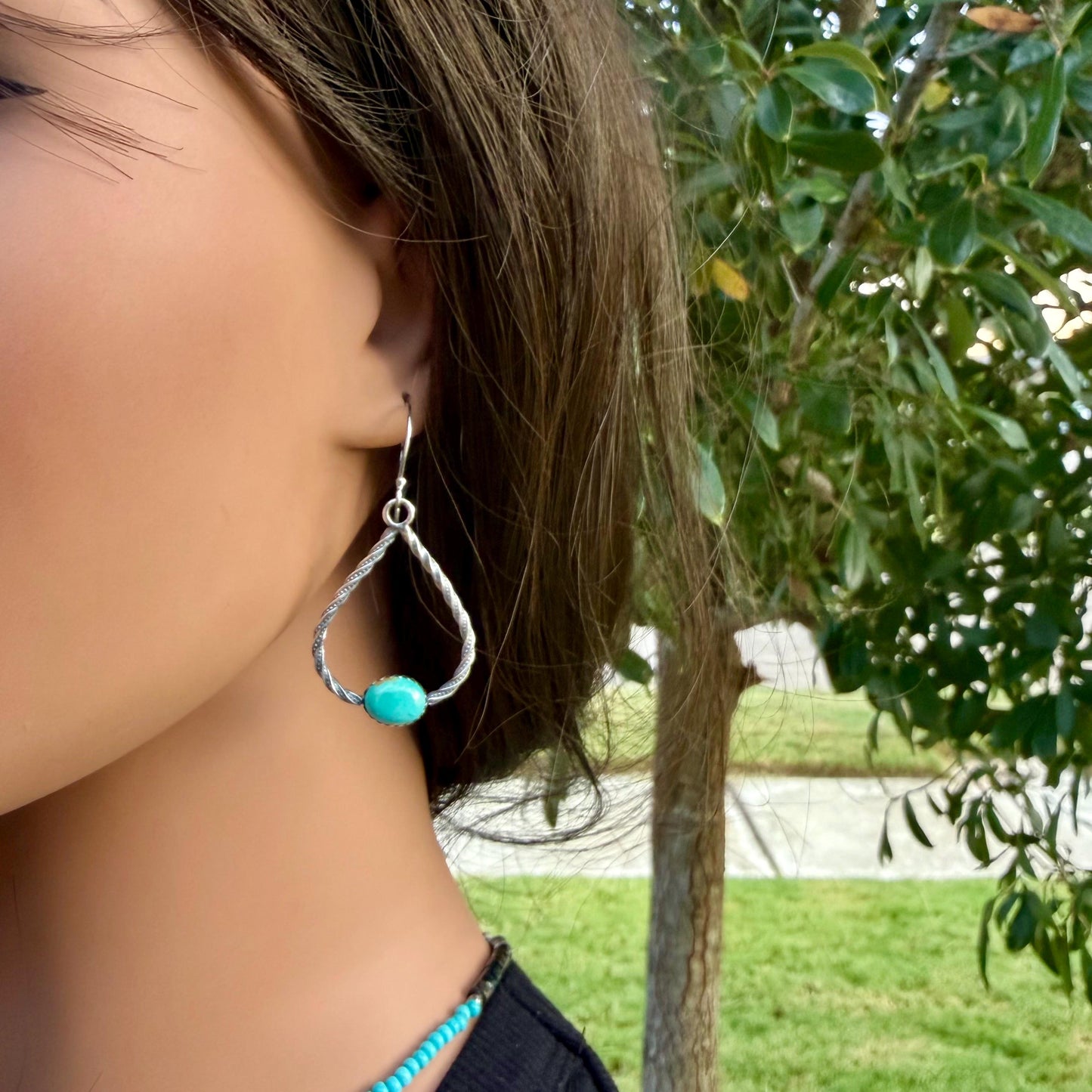 Turquoise Sterling Silver Teardrop Dangle Earrings • Rustic Southwestern Twist Wire