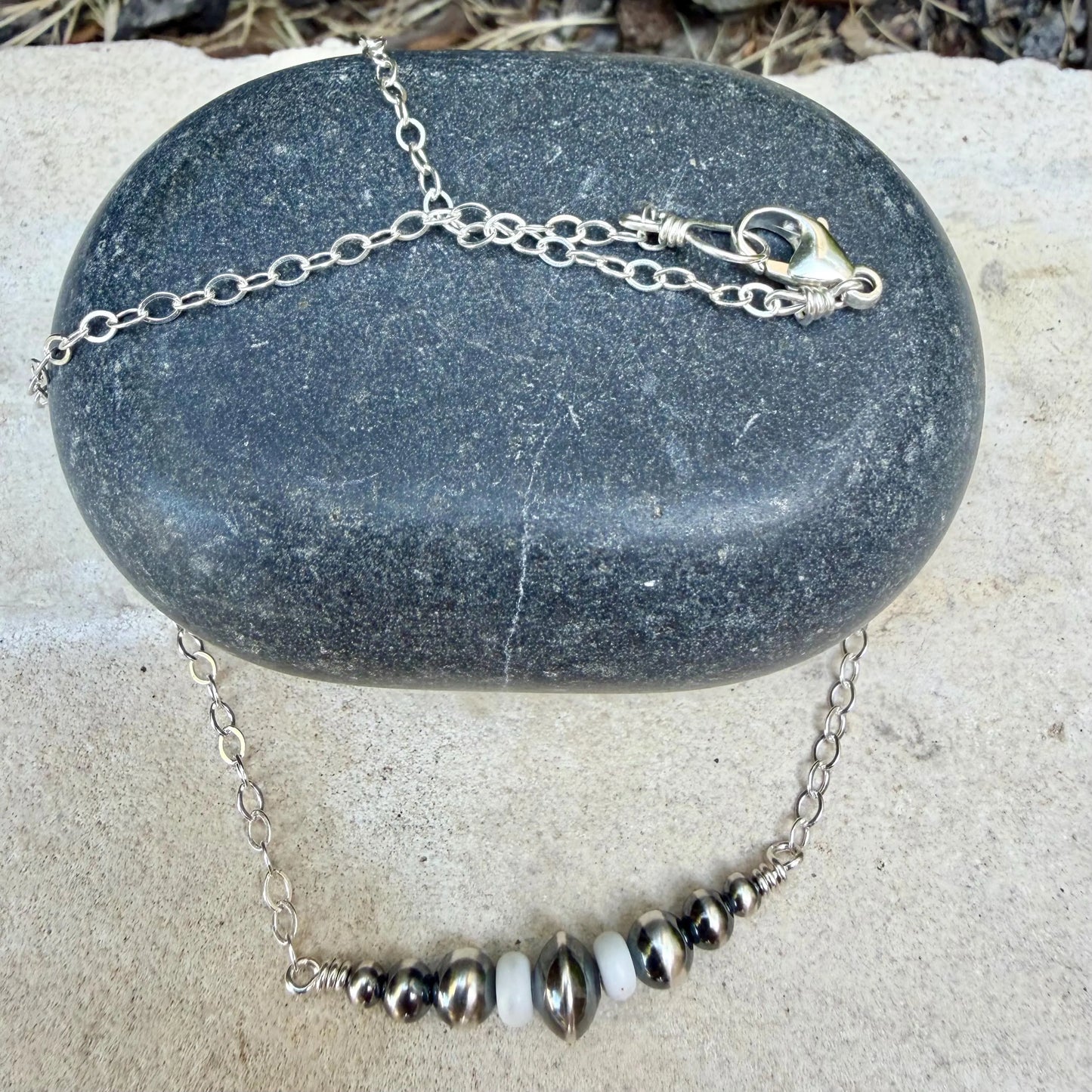 White Turquoise Bar Necklace • Sterling Silver Desert Pearls • Southwest Minimalist Jewelry