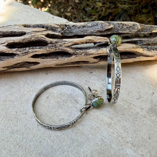 Turquoise Sterling Silver Butterfly‑Floral Hoop Earrings • 6mm Kingman Turquoise • Custom Colors