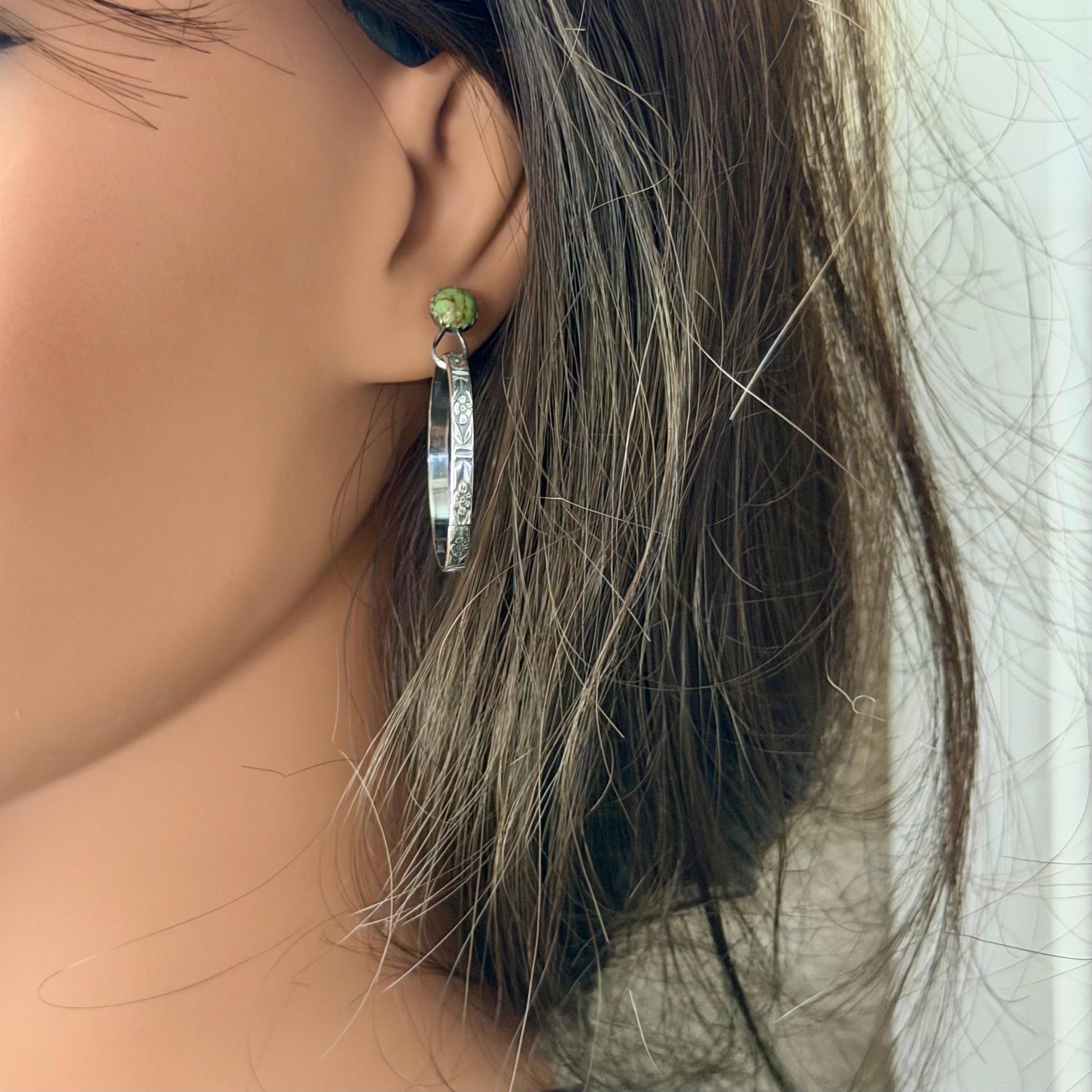 Turquoise Sterling Silver Butterfly‑Floral Hoop Earrings • 6mm Kingman Turquoise • Custom Colors