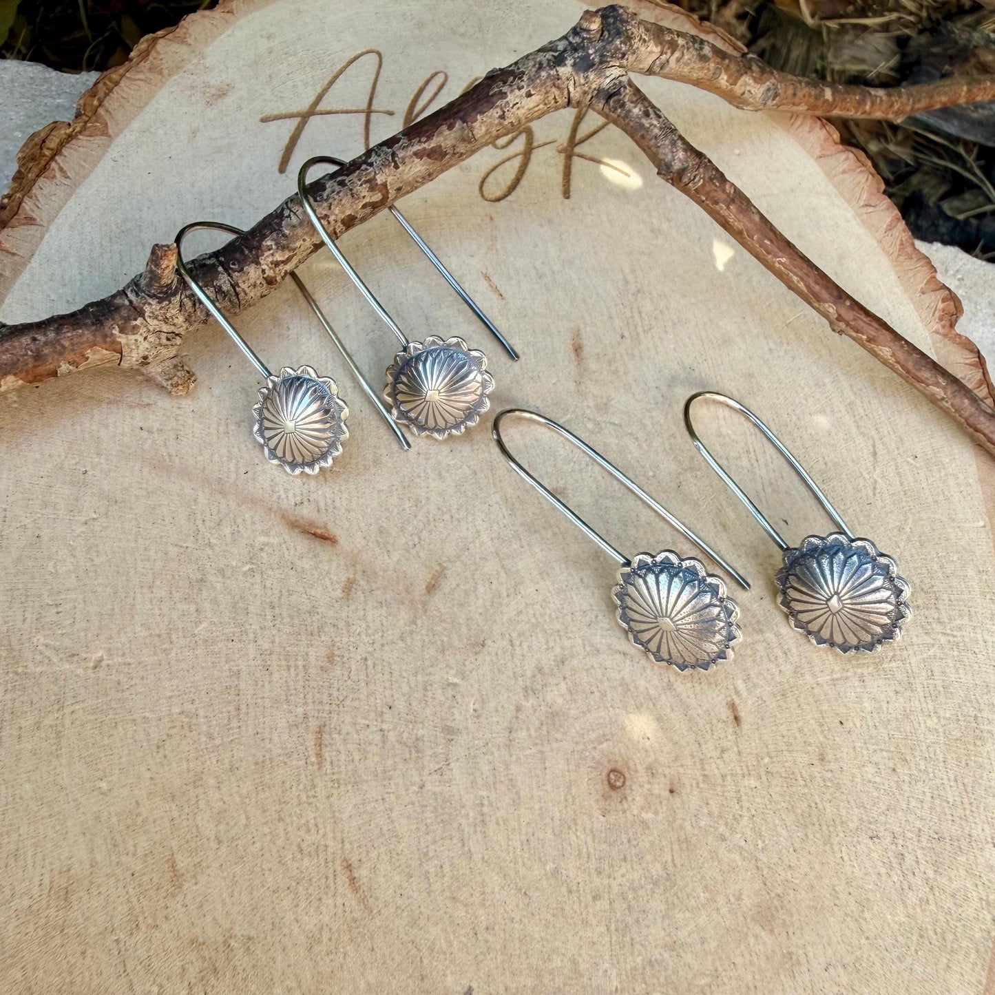Sterling Concho Drop Earrings • Oval or Round Scalloped • Argentium Ear Wires • 18g 20g