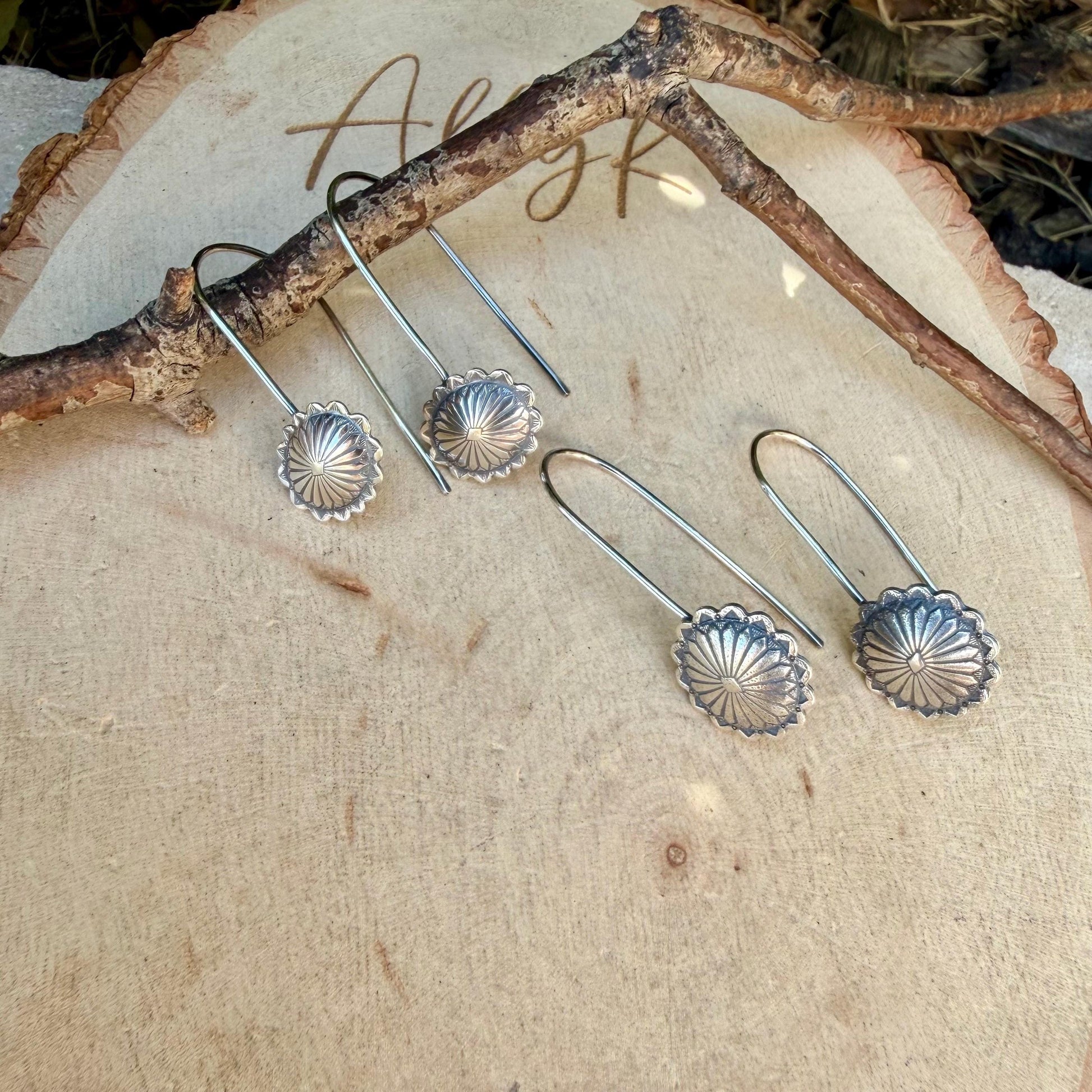 Sterling Concho Drop Earrings • Oval or Round Scalloped • Argentium Ear Wires • 18g 20g