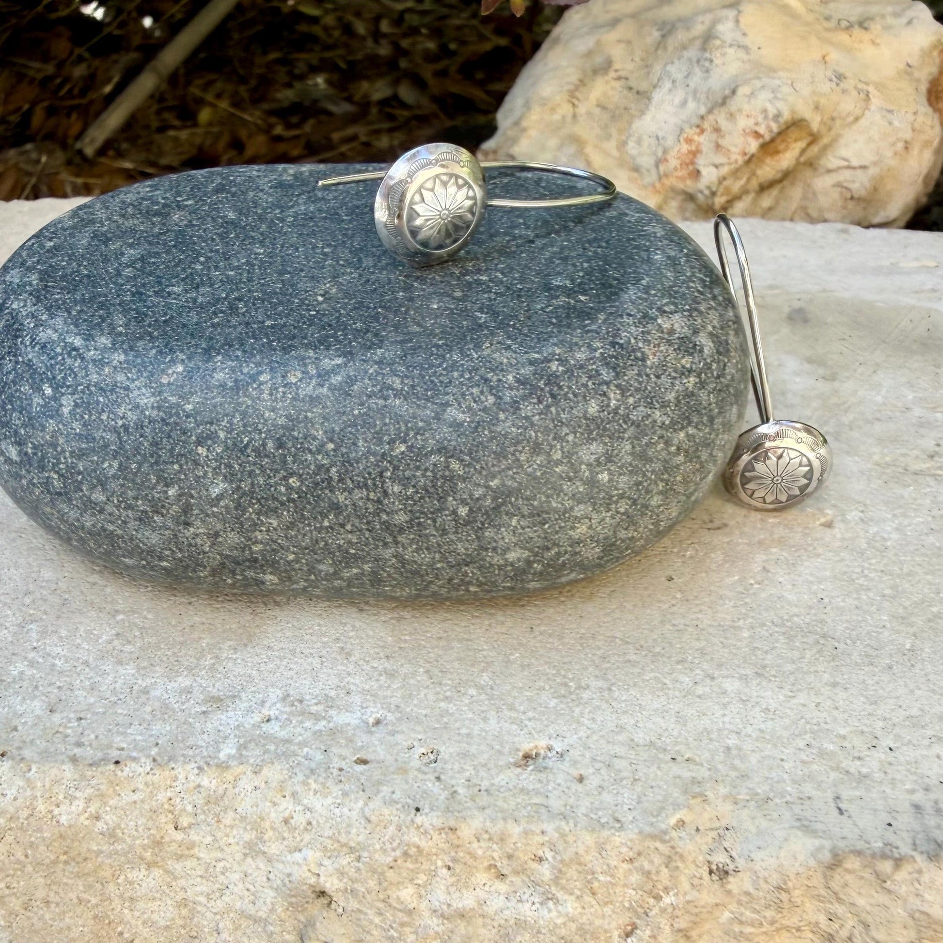 Sterling Concho Drop Earrings • Sunflower or Starburst Dangles • Argentium Ear Wires • 18g 20g