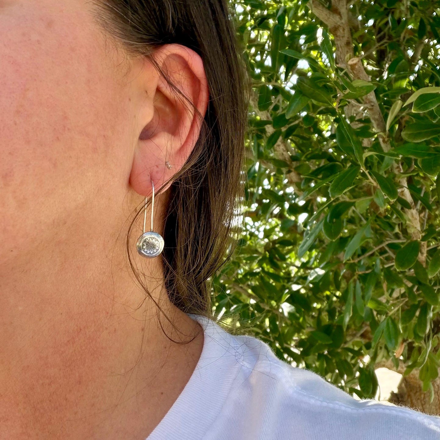 Sterling Concho Drop Earrings • Sunflower or Starburst Dangles • Argentium Ear Wires • 18g 20g