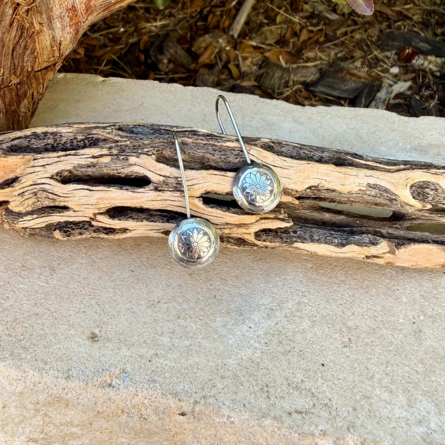 Sterling Concho Drop Earrings • Sunflower or Starburst Dangles • Argentium Ear Wires • 18g 20g