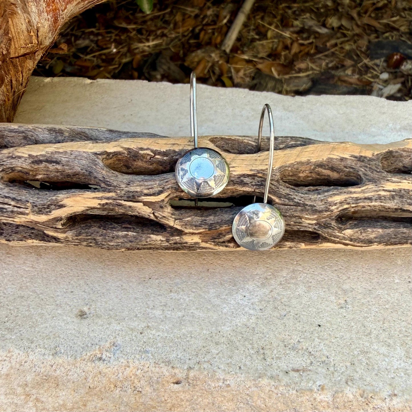 Sterling Concho Drop Earrings • Sunflower or Starburst Dangles • Argentium Ear Wires • 18g 20g