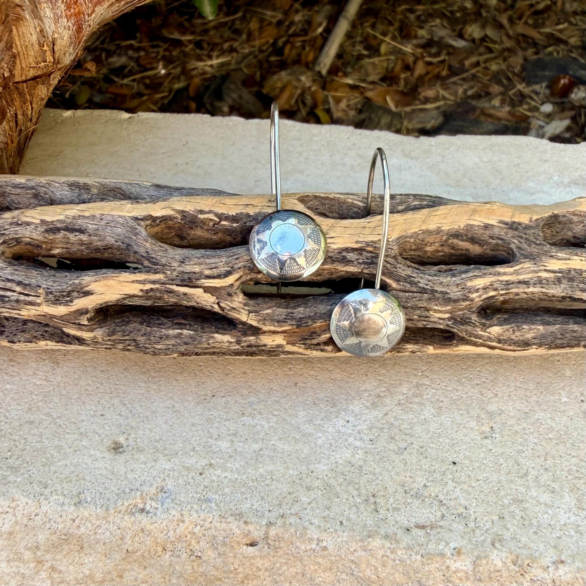 Sterling Concho Drop Earrings • Sunflower or Starburst Dangles • Argentium Ear Wires • 18g 20g