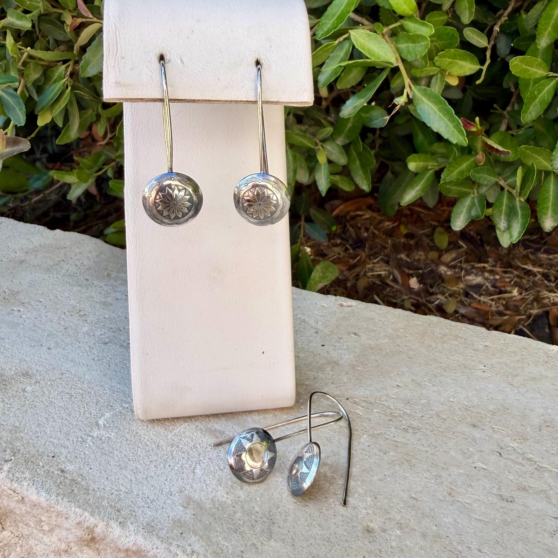 Sterling Concho Drop Earrings • Sunflower or Starburst Dangles • Argentium Ear Wires • 18g 20g