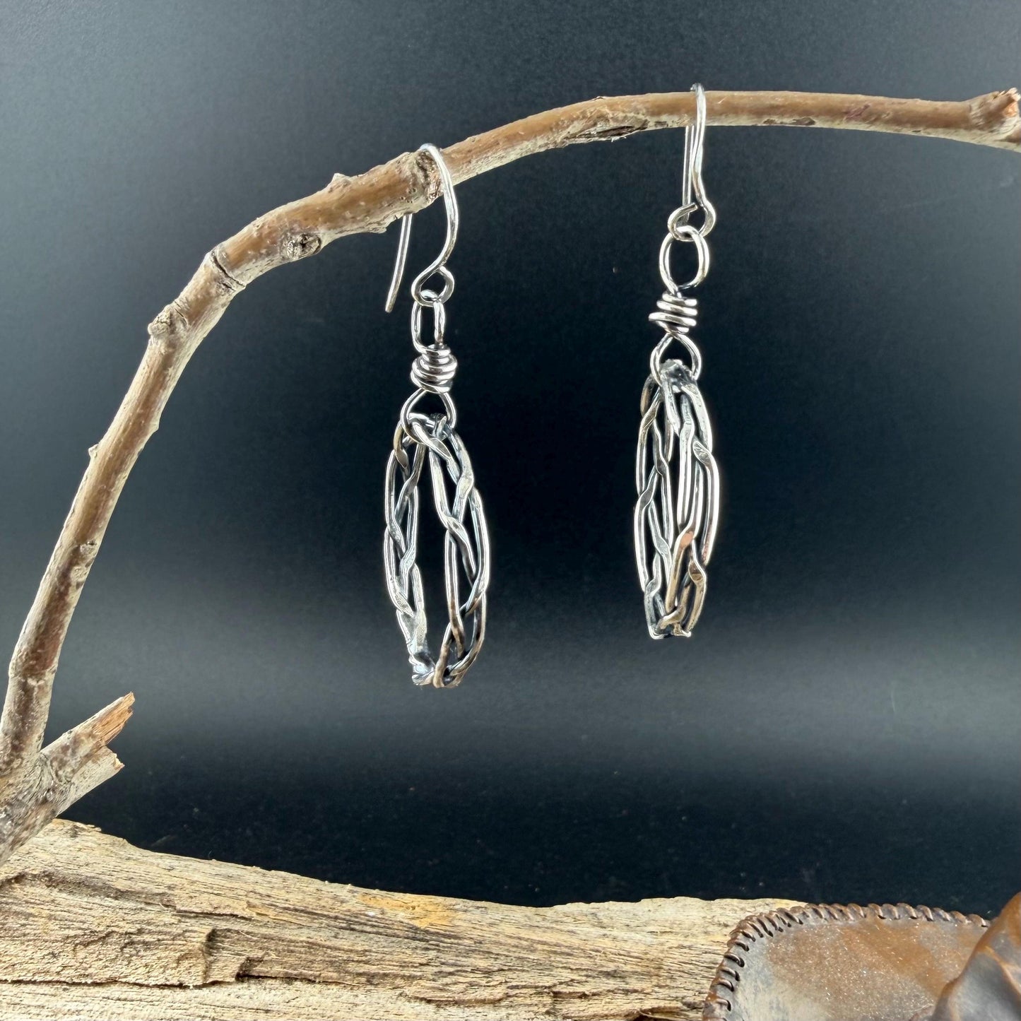 Rustic Silver Hoop Earrings • Argentium Braided Wire • 2 Inch Drop