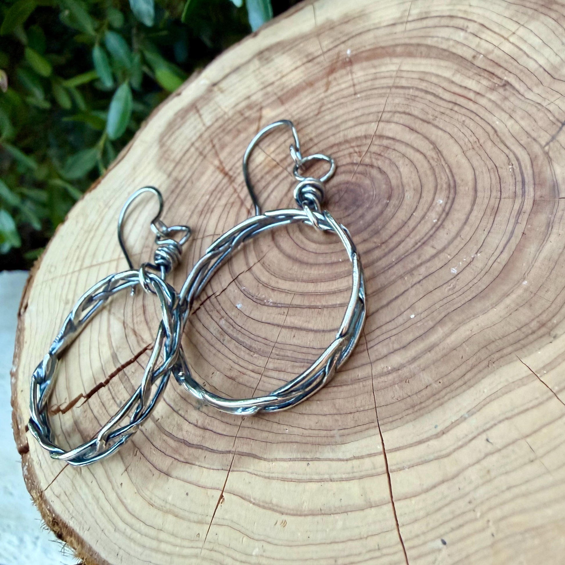 Rustic Silver Hoop Earrings • Argentium Braided Wire • 2 Inch Drop