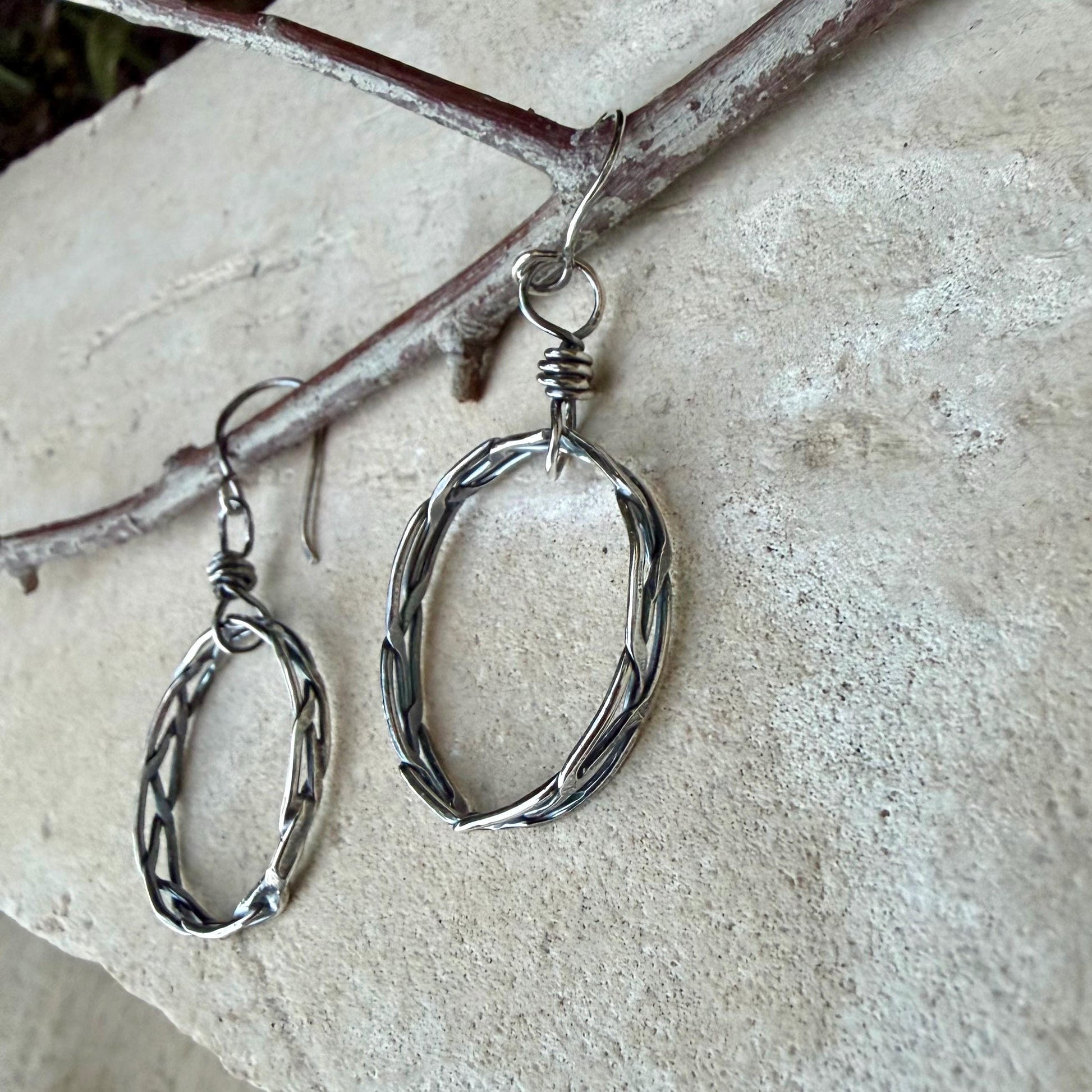 Rustic Silver Hoop Earrings • Argentium Braided Wire • 2 Inch Drop