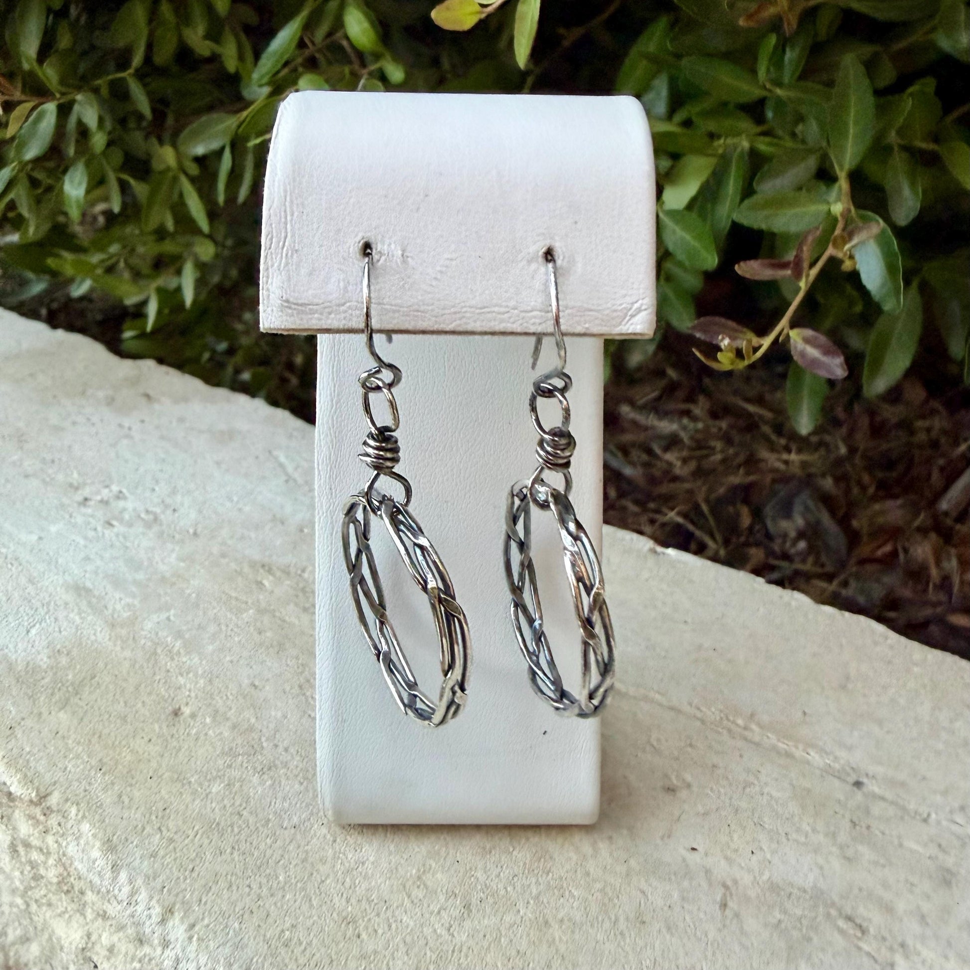 Rustic Silver Hoop Earrings • Argentium Braided Wire • 2 Inch Drop