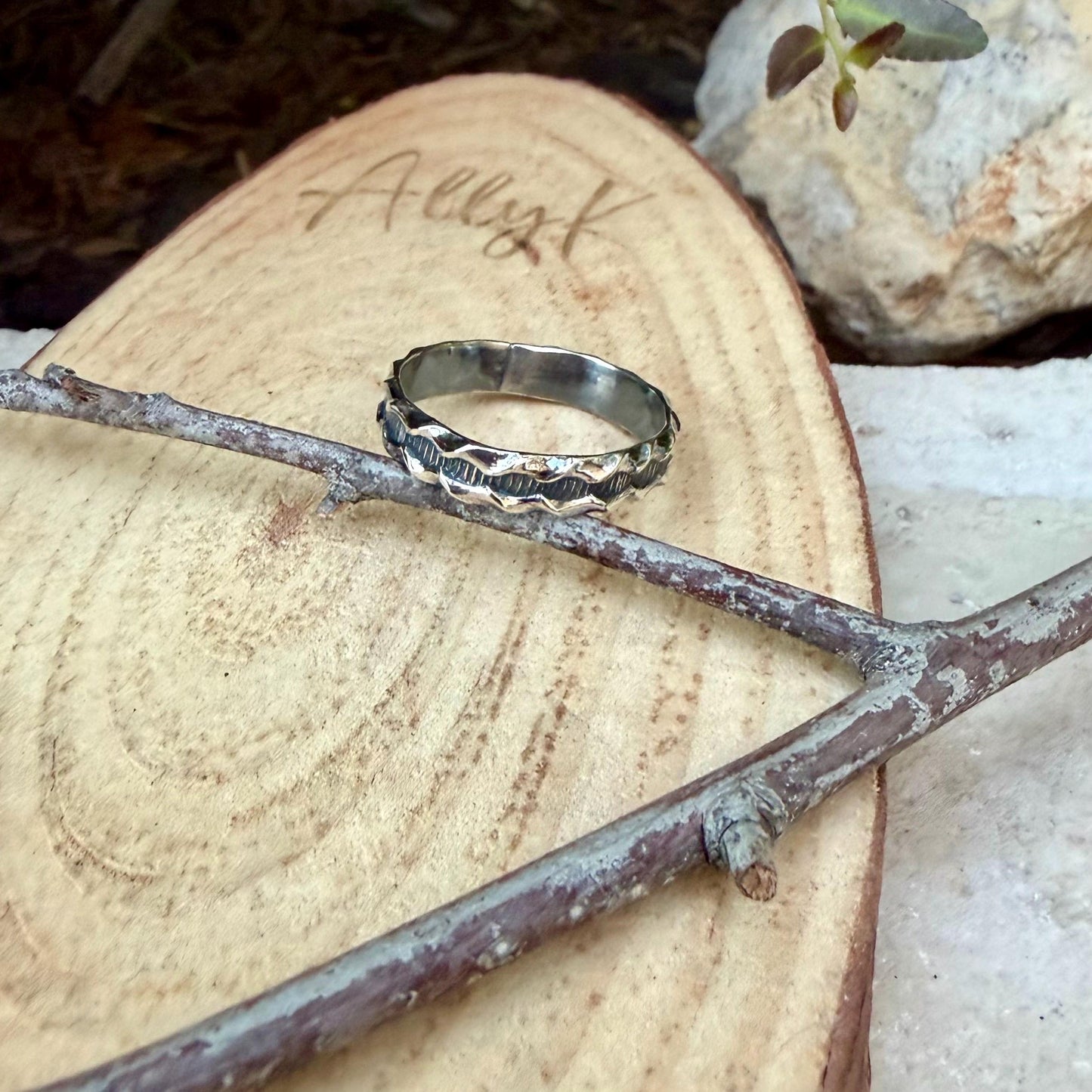 Sterling Silver Ridged Band • Rustic Textured Pattern Ring