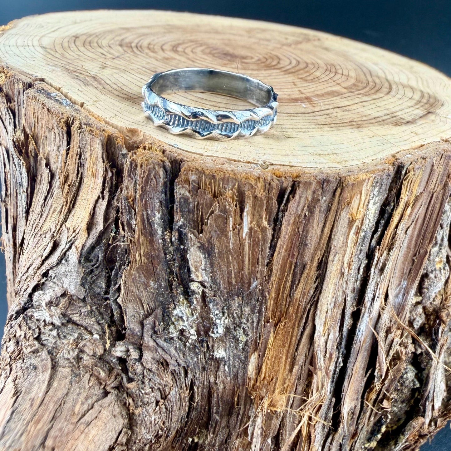 Sterling Silver Ridged Band • Rustic Textured Pattern Ring