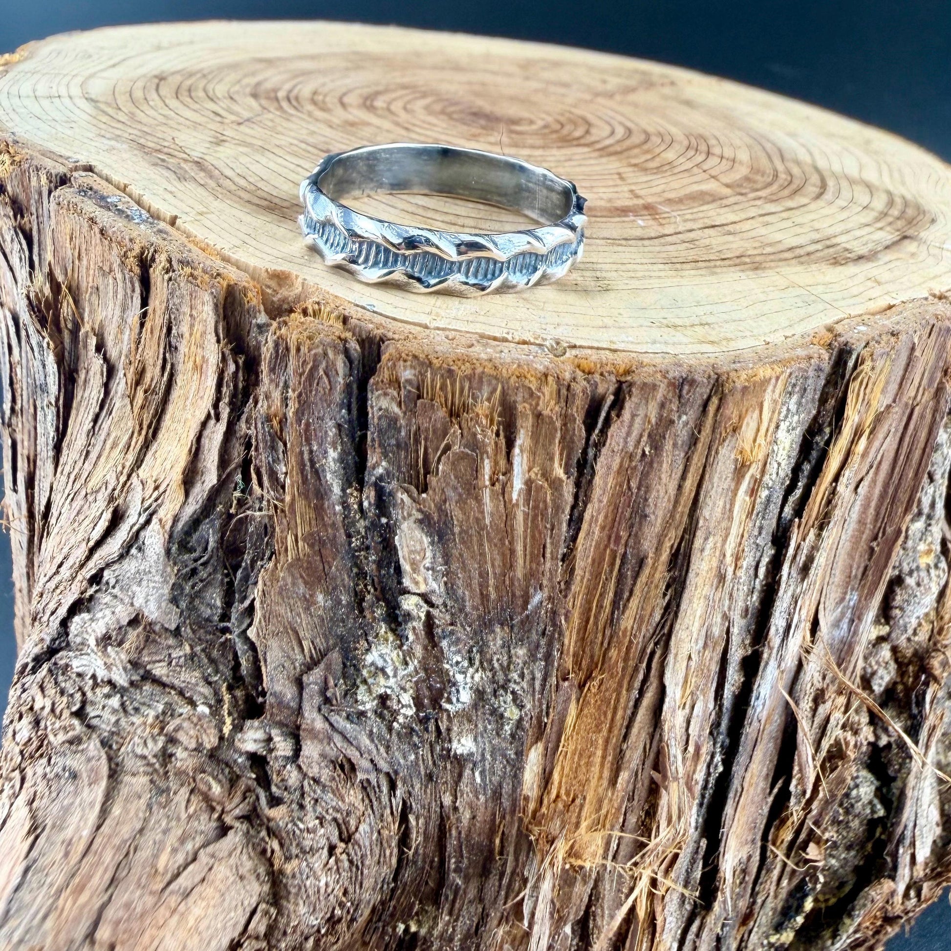 Sterling Silver Ridged Band • Rustic Textured Pattern Ring