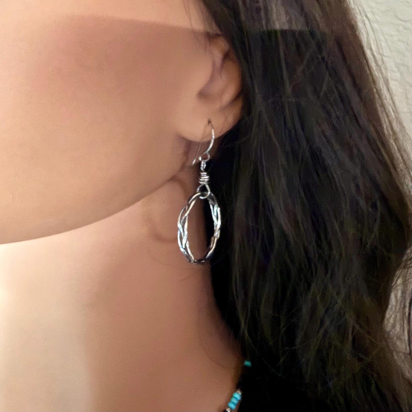 Rustic Silver Hoop Earrings • Argentium Braided Wire • 2 Inch Drop