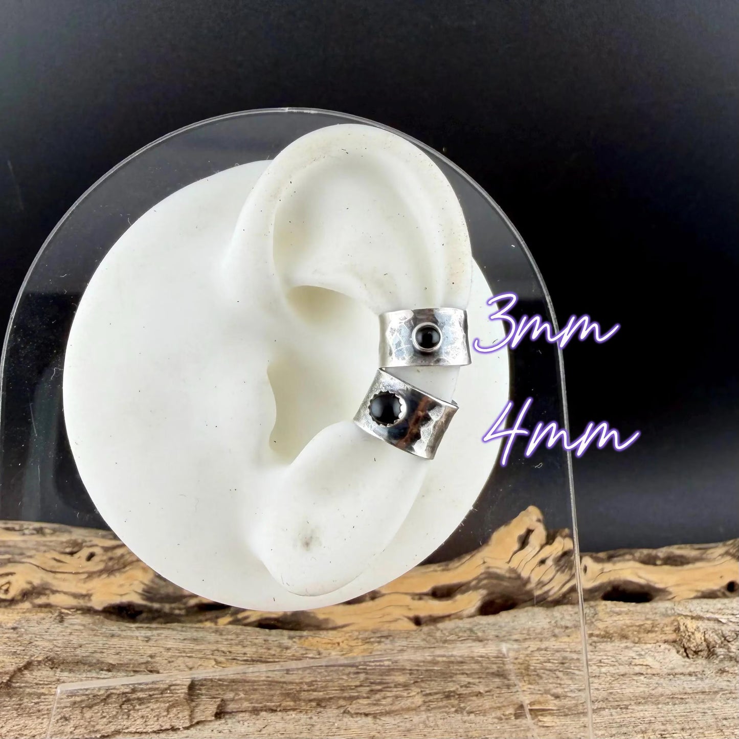 Sterling Silver Onyx Ear Cuff • 3mm or 4mm • Wide Conch Band • No Piercing Earring
