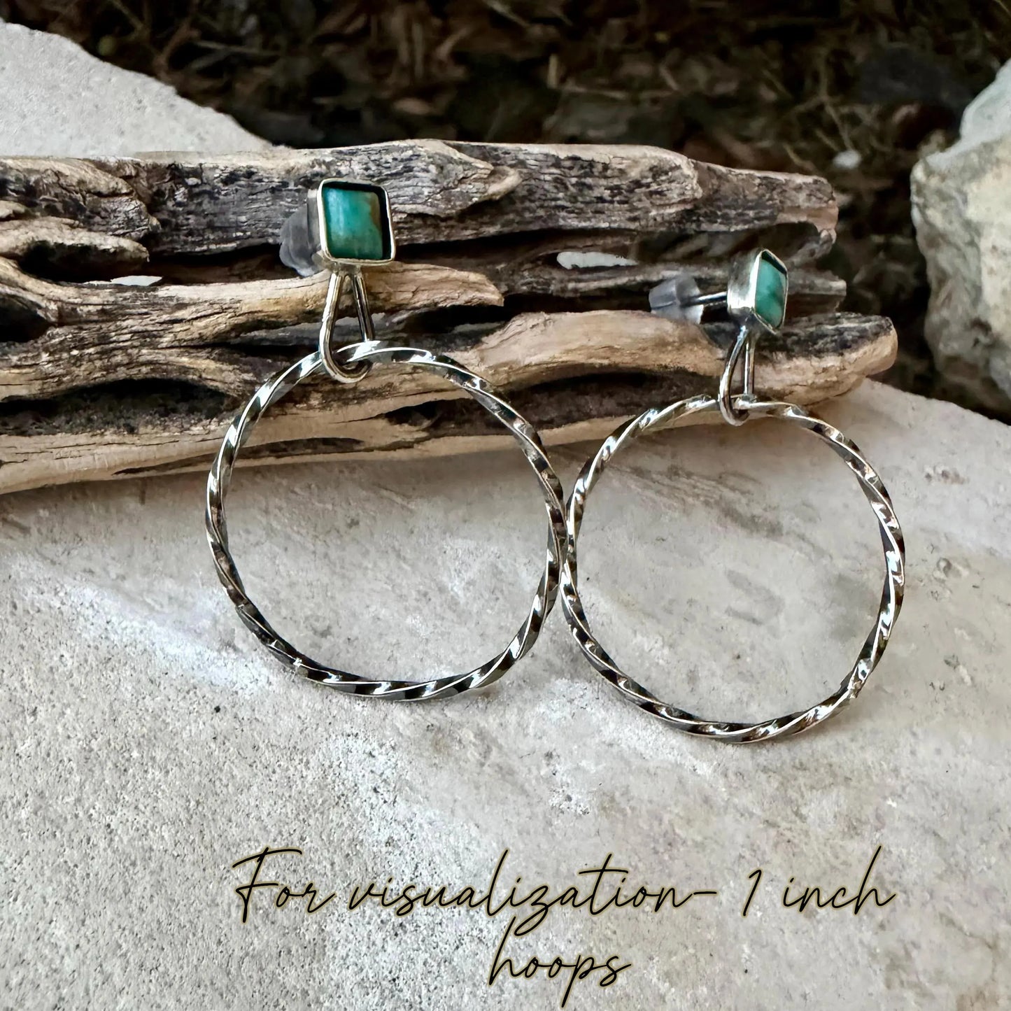 Turquoise Post Hoop Earrings • Sterling Silver • Kingman Blue or Green Square Turquoise