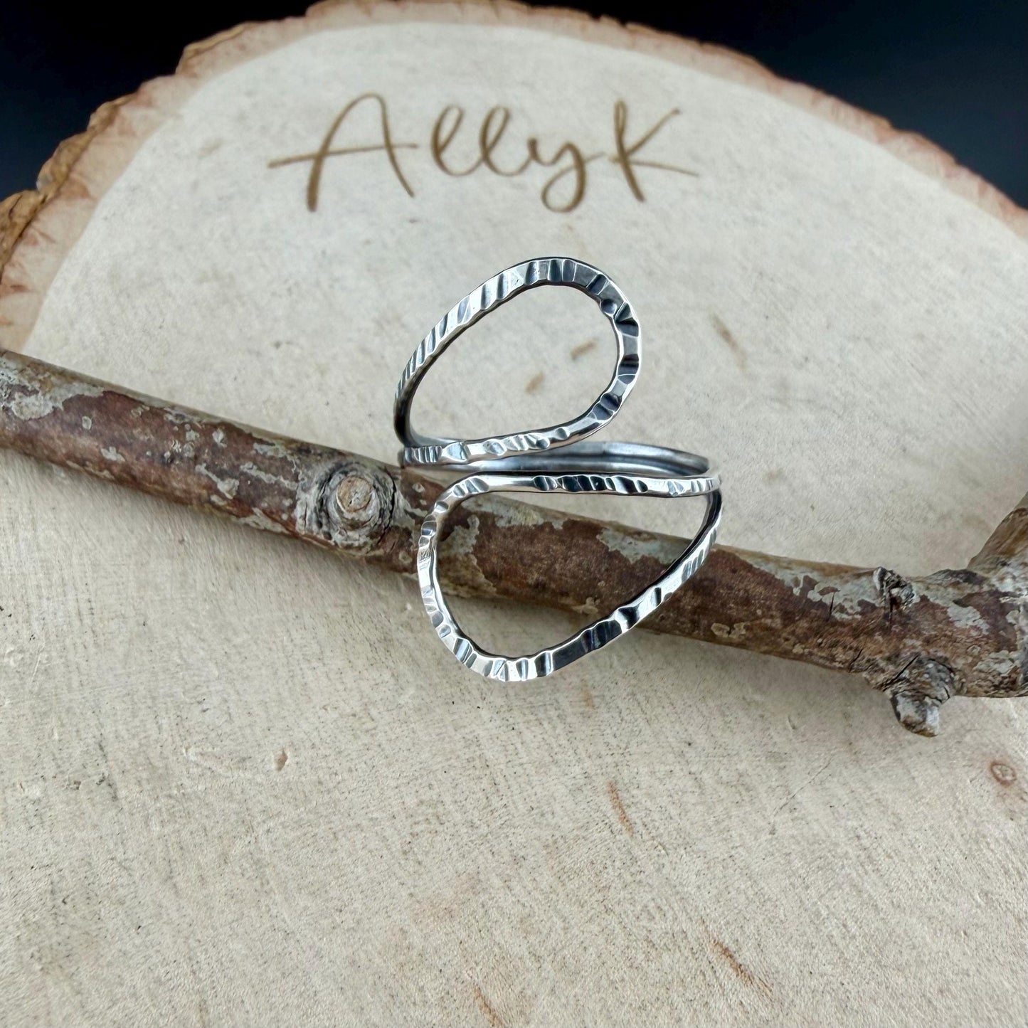 Sterling Loop Ring • Double Loop • Rustic Textured Adjustable Openwork Band