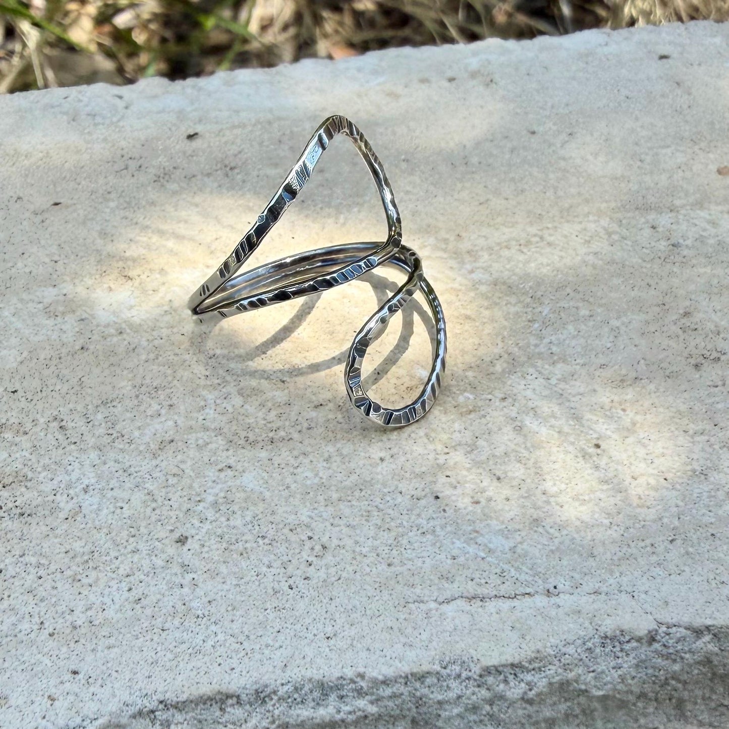 Sterling Loop Ring • Double Loop • Rustic Textured Adjustable Openwork Band